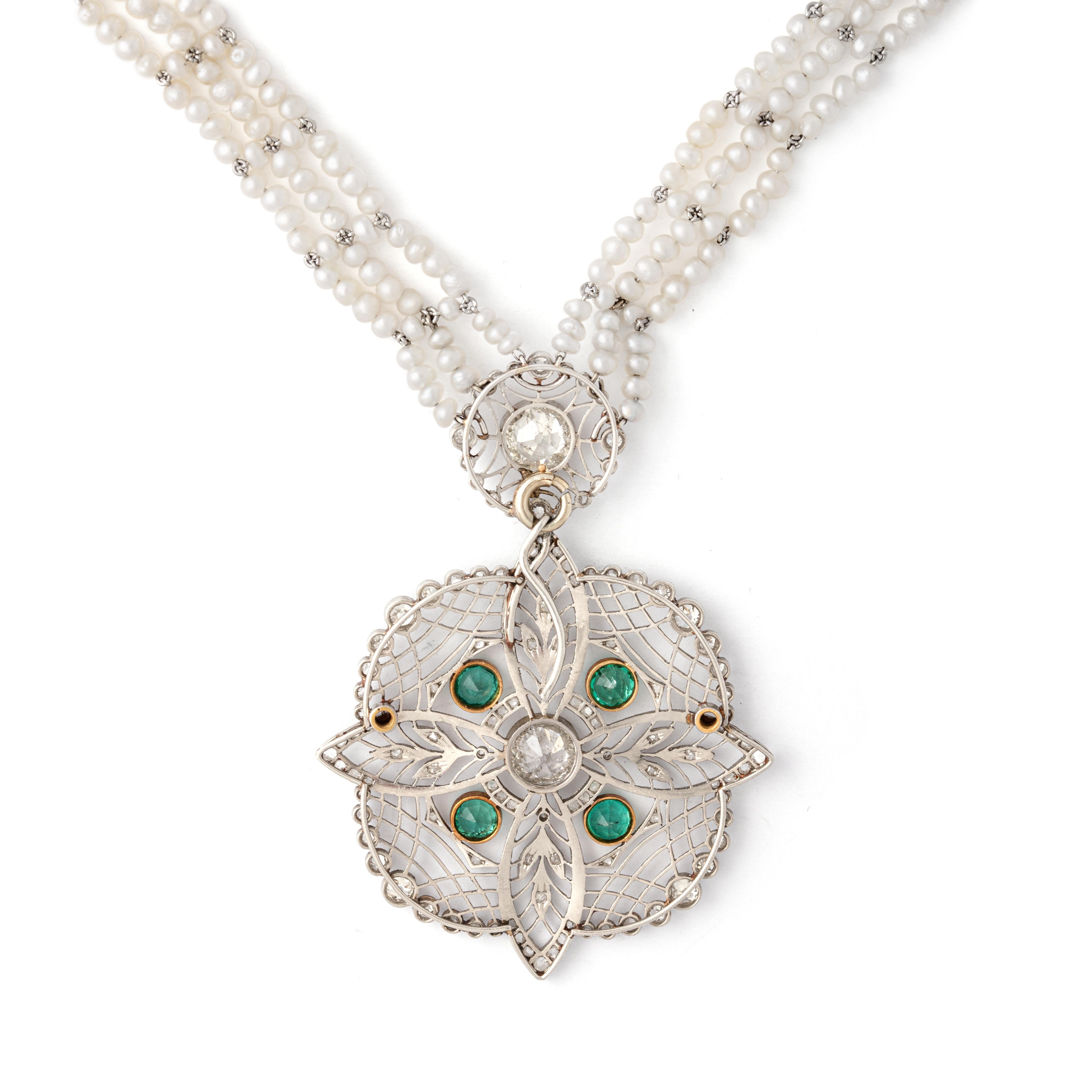 Belle Époque Early 20th Century Necklace Natural Pearl Diamond Emerald For Sale
