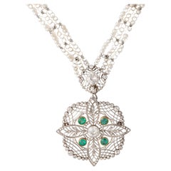 Halskette des frühen 20. Jahrhunderts Natürliche Perle Diamant Smaragd