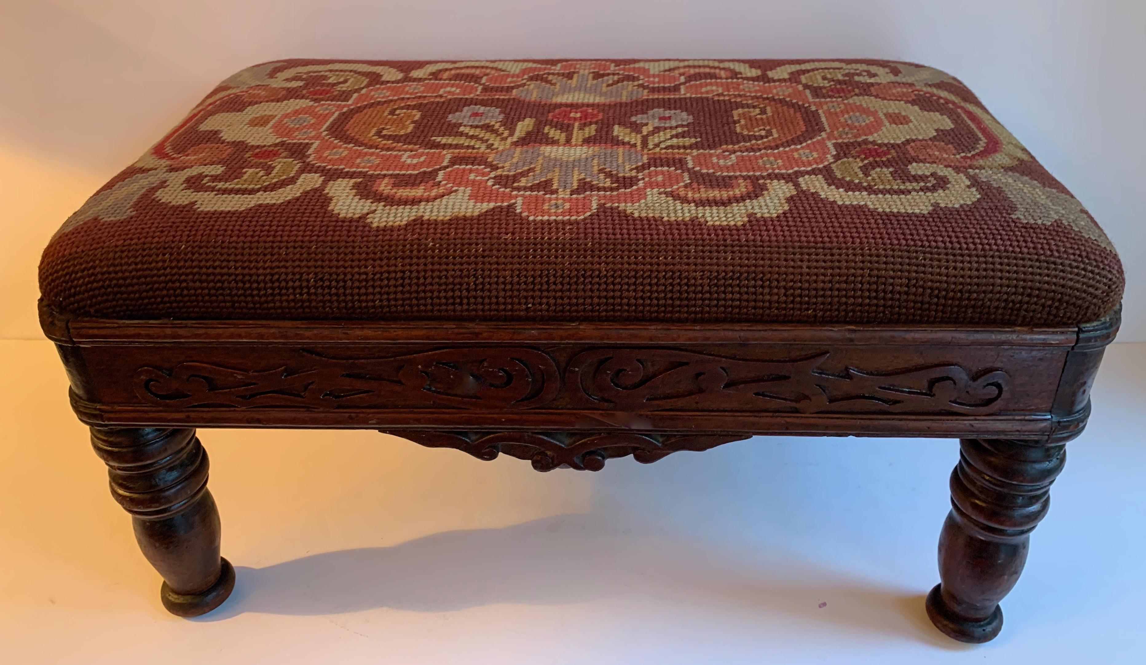 Victorian Early 20th Century Needlepoint Hand Carved Stool