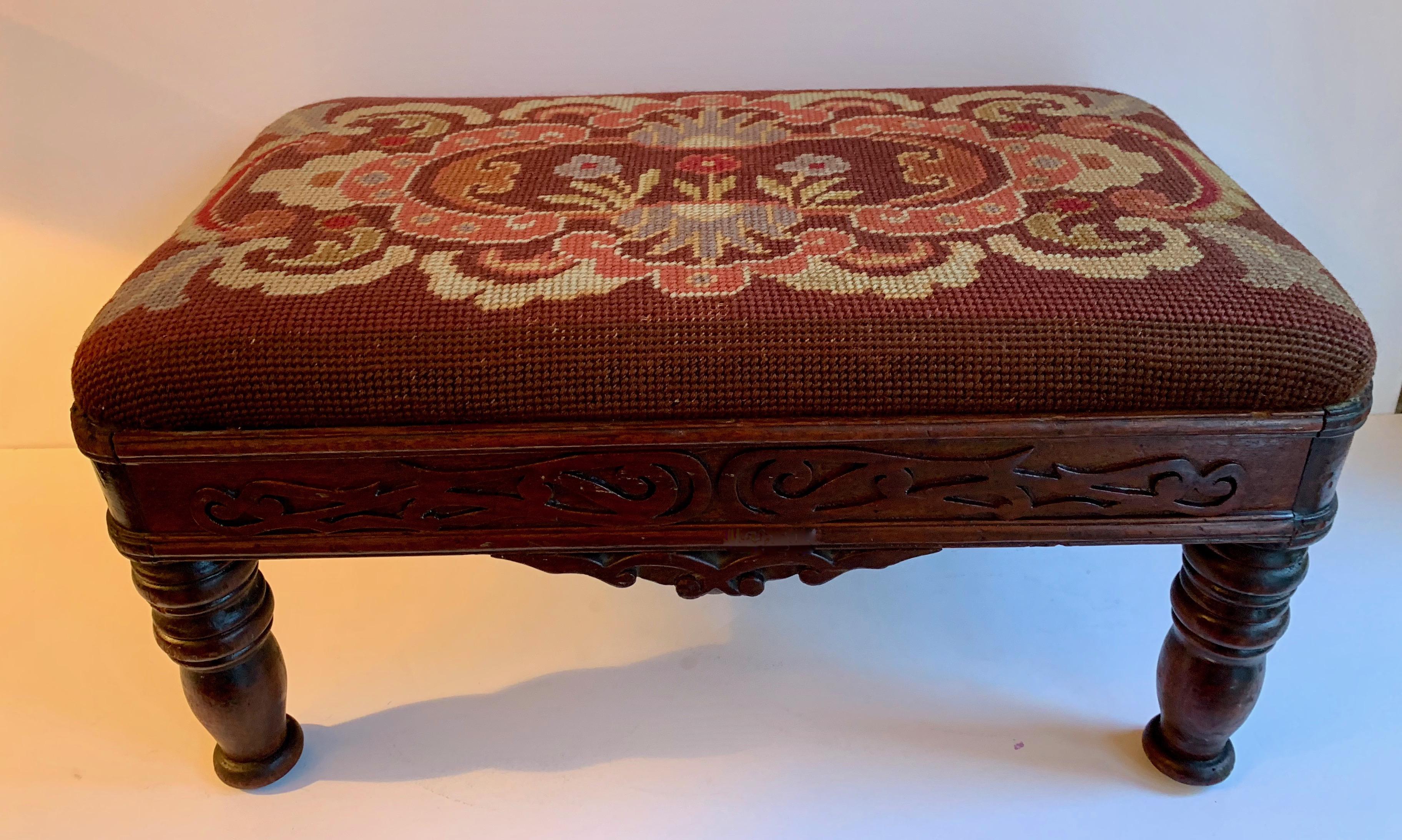 Wood Early 20th Century Needlepoint Hand Carved Stool