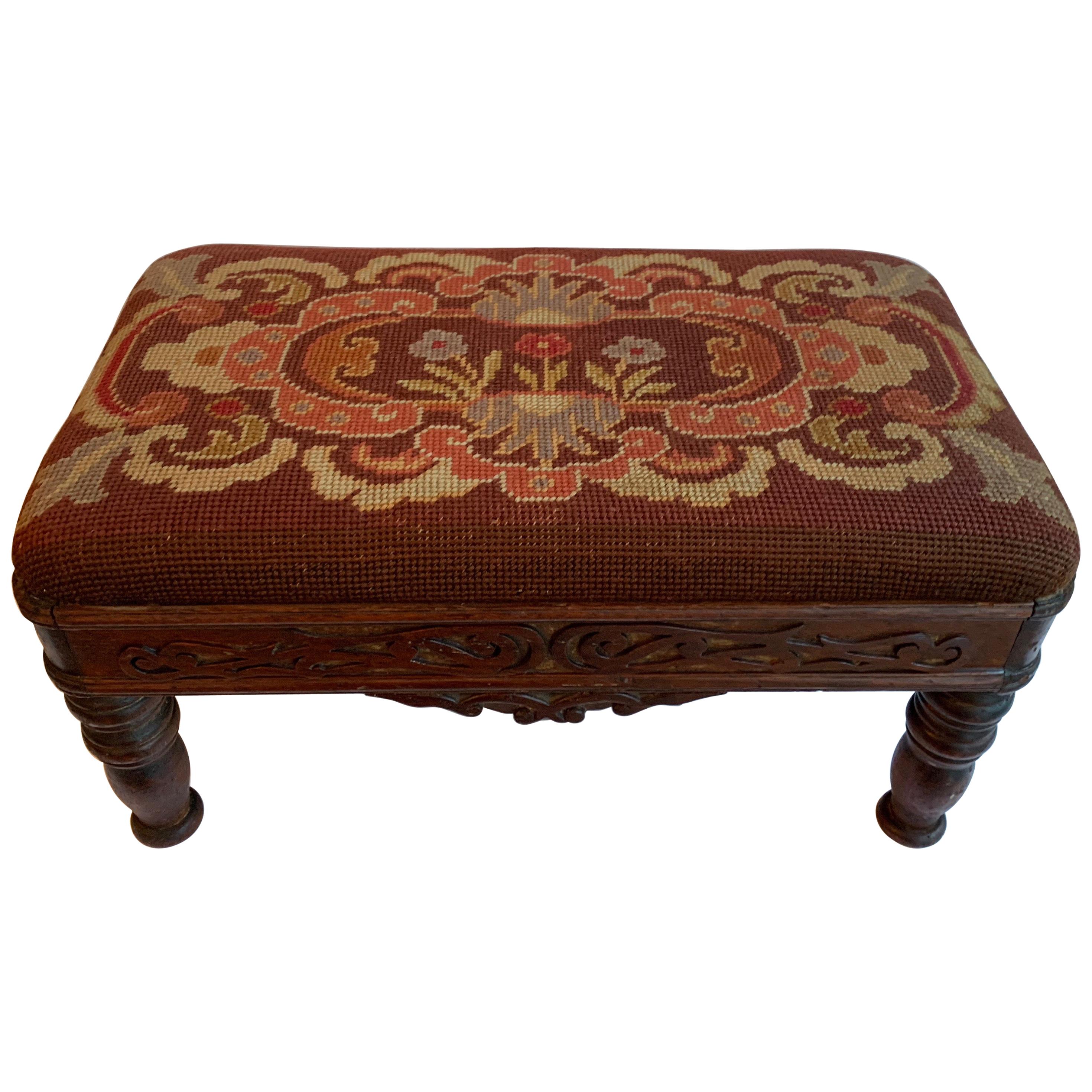 Early 20th Century Needlepoint Hand Carved Stool