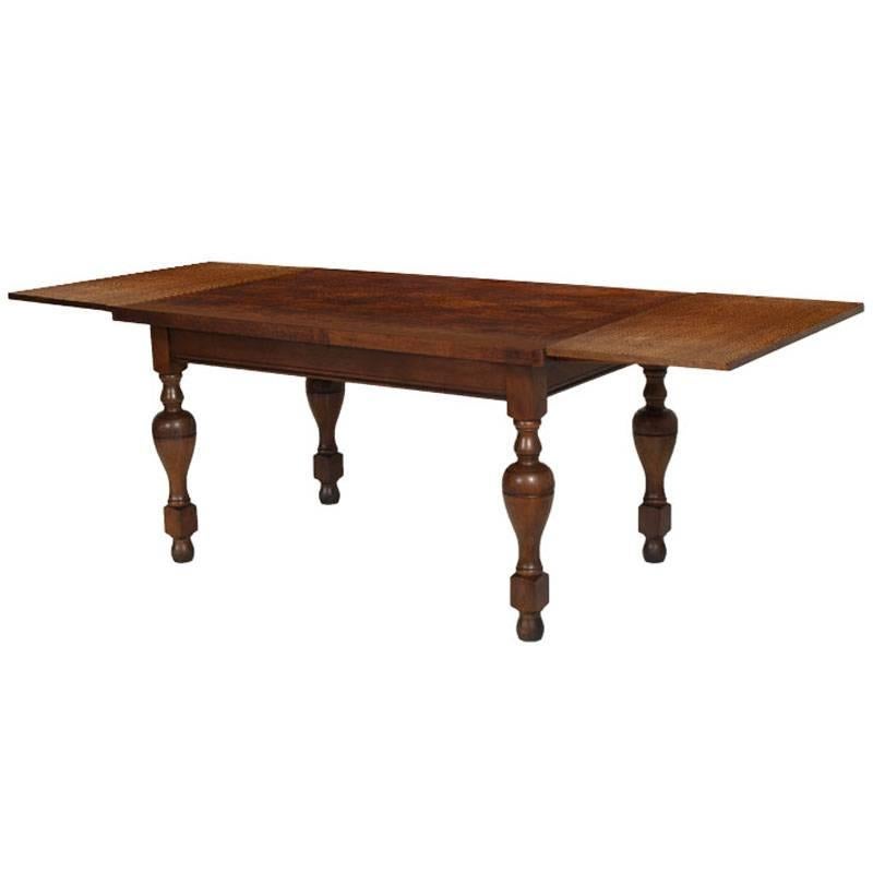 Italy elegant early 900 neoclassic extendable rectangular table in solid oak wood with a checkered oak top. Polished to wax
It is very suitable for a modern kitchen room

Measures cm: H 78, W 142 add 90, D 92.