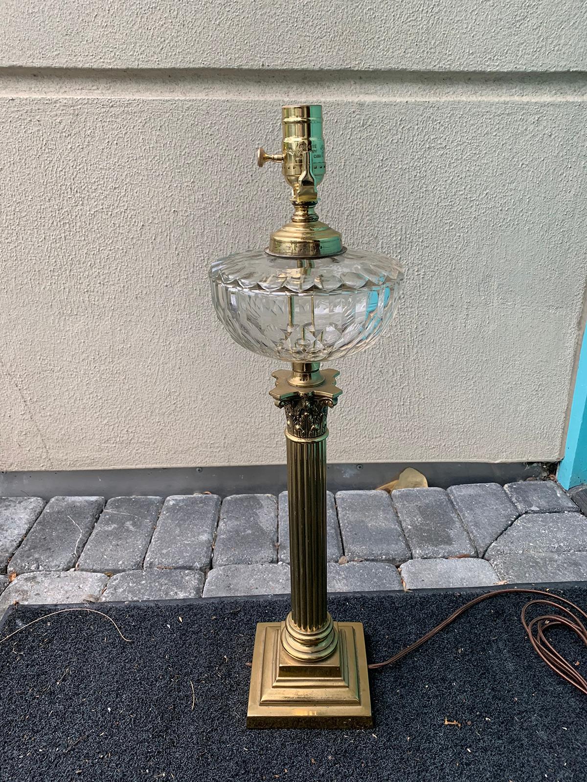 Early 20th Century Neoclassical Bronze Column Lamp with Crystal Oil Font In Good Condition For Sale In Atlanta, GA