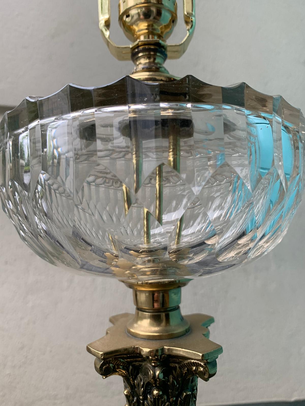 Early 20th Century Neoclassical Bronze Column Lamp with Crystal Oil Font For Sale 5