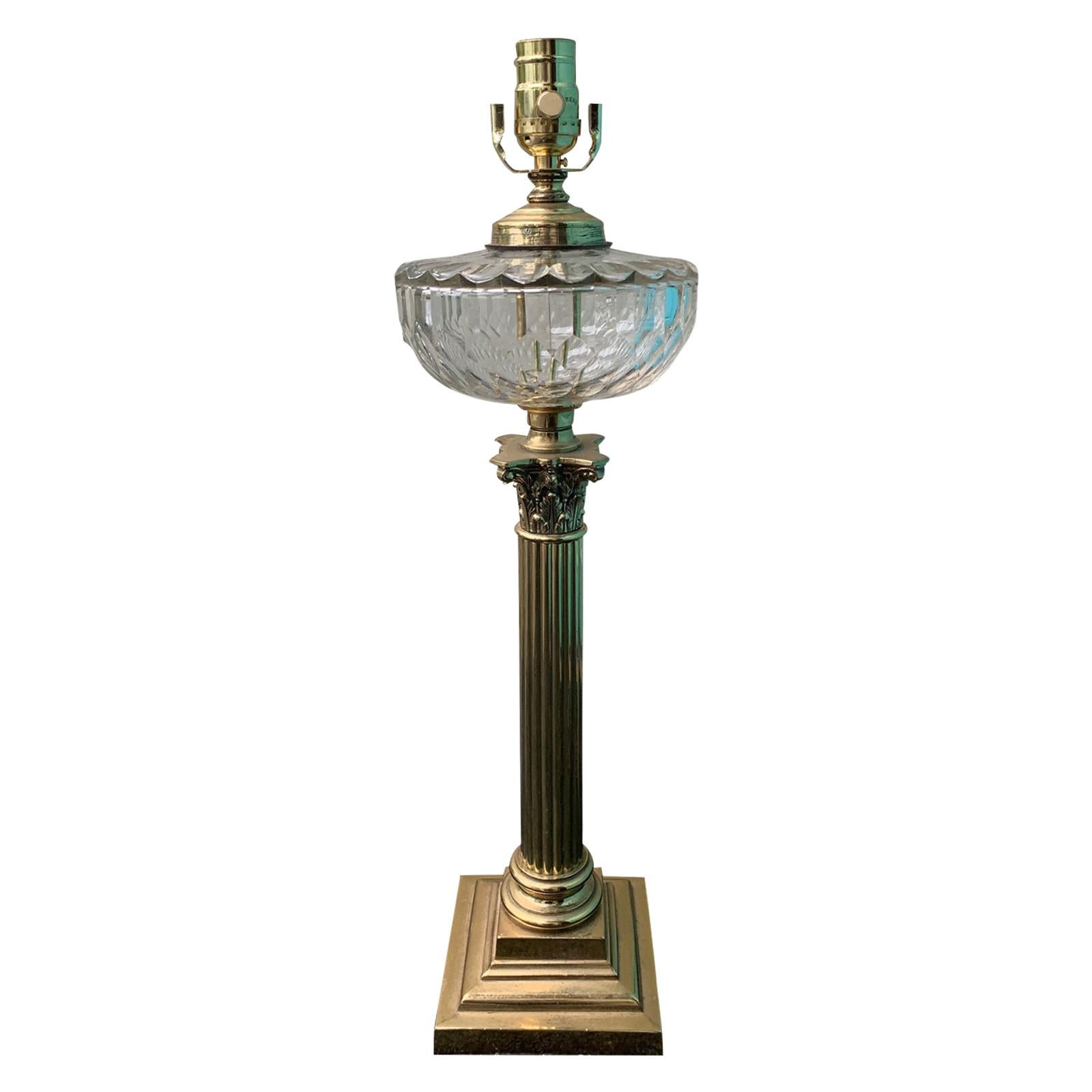 Early 20th Century Neoclassical Bronze Column Lamp with Crystal Oil Font For Sale