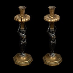 Early 20th Century Neoclassical Bronze Patinated Caryatid Candlestick, Pair