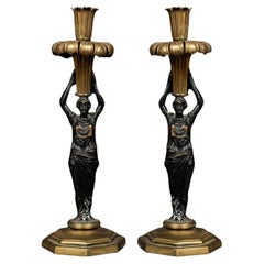 Early 20th Century Neoclassical Bronze Patinated Caryatid Candlestick, Pair