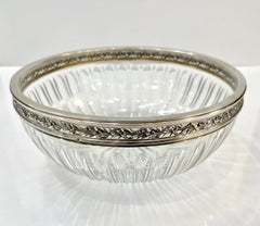 Early 20th Century Neoclassical Cut Crystal Bowl Hand-Worked Silver Plated Rim