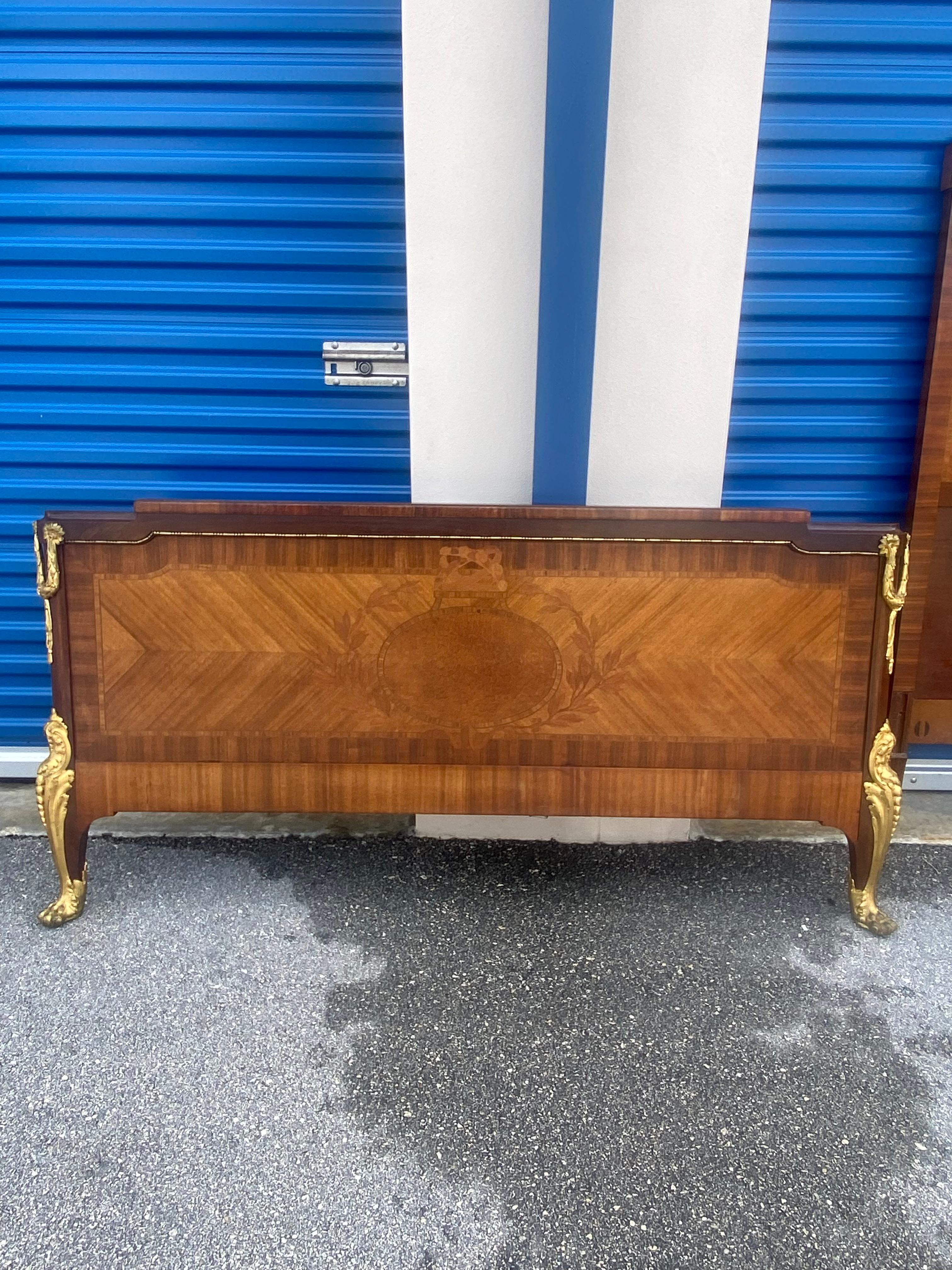 Rare Neoclassical Empire Louis Style Ormolu Bronze Inlaid Wood Queen Bed Frame For Sale 4