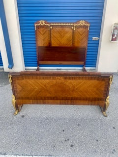 Rare Neoclassical Empire Louis Style Ormolu Bronze Inlaid Wood Queen Bed Frame