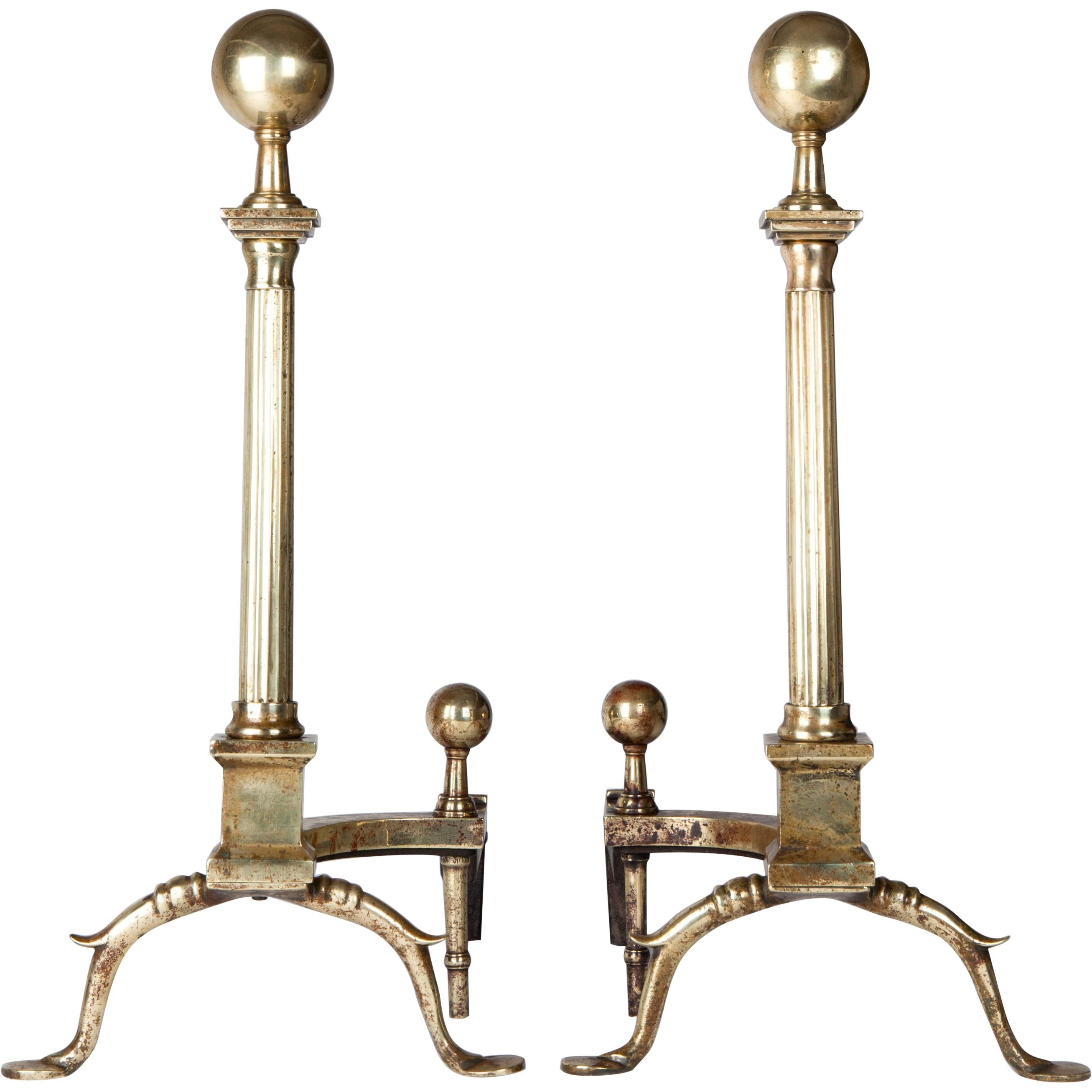 Early 20th Century Neoclassical Polished Brass Andirons With Fluted Columns For Sale
