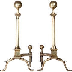 Early 20th Century Neoclassical Polished Brass Andirons With Fluted Columns