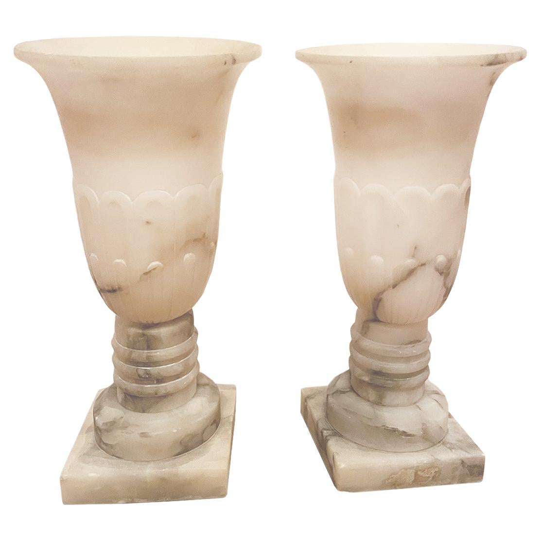 Early 20th Century Neoclassical Style Alabaster Urn Lamps - a Pair