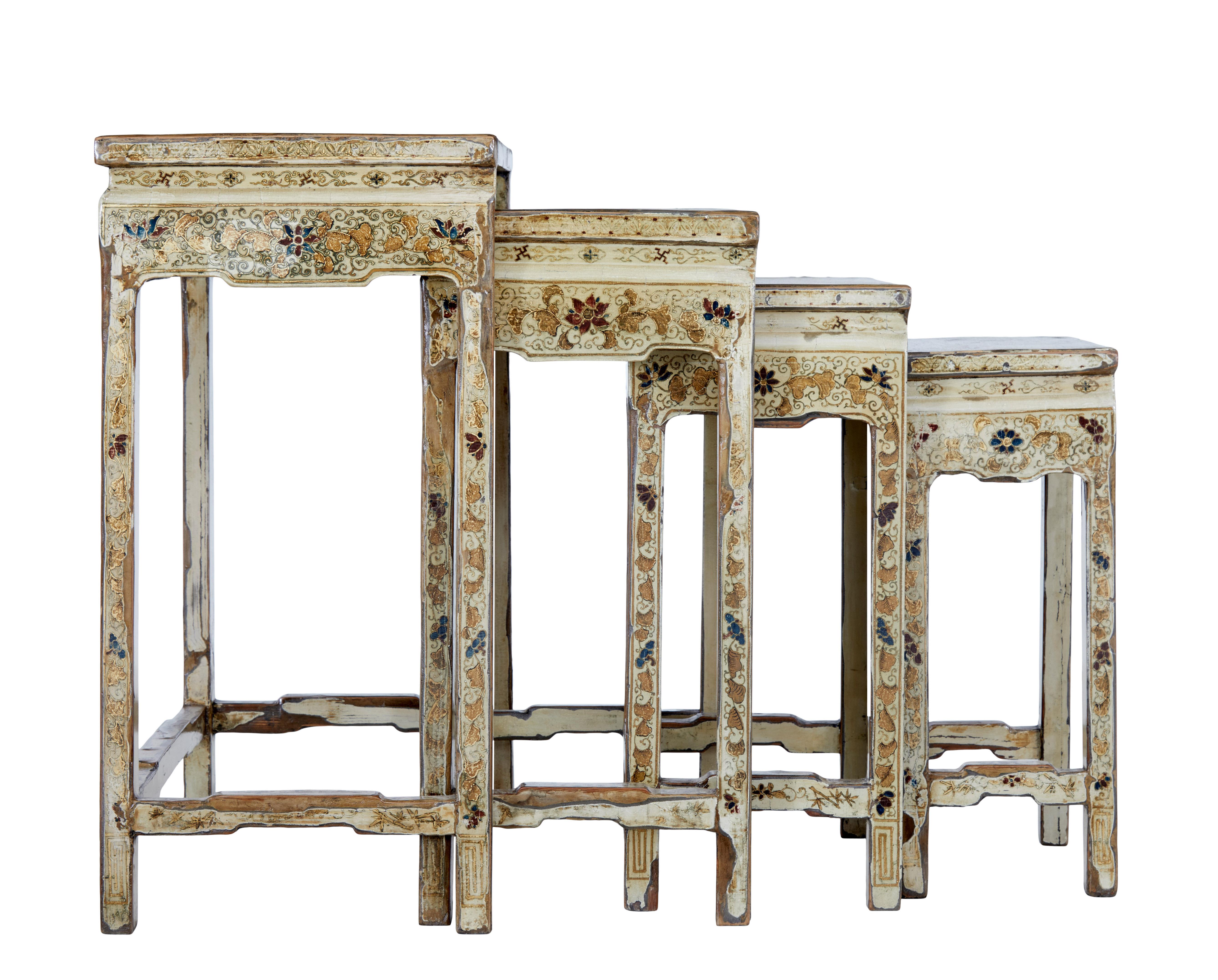 Chinese Early 20th Century Nest of 4 Lacquered and Decorated Tables