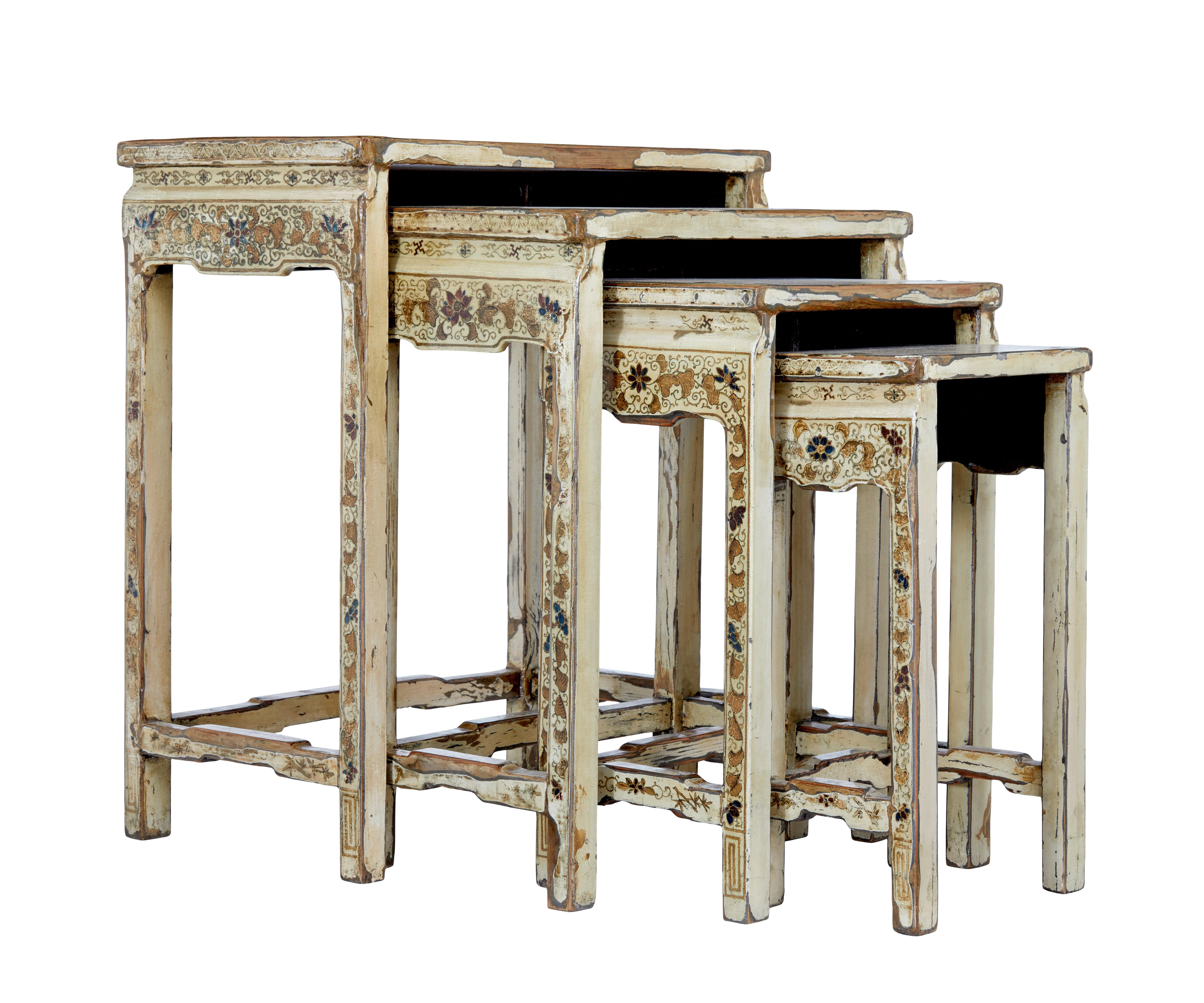 Hand-Crafted Early 20th Century Nest of 4 Lacquered and Decorated Tables