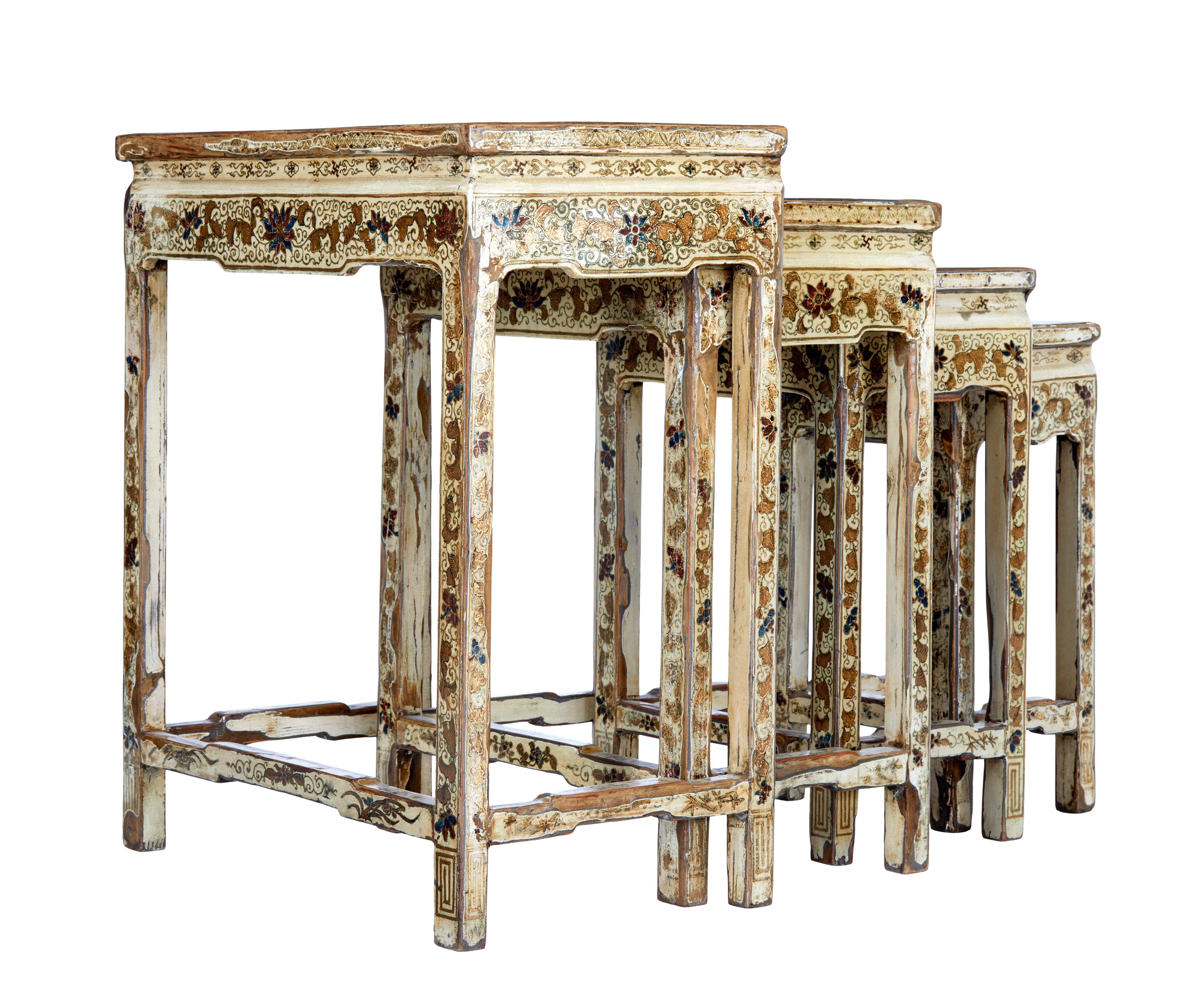 Lacquered Early 20th century nest of 4 lacquered and decorated tables For Sale