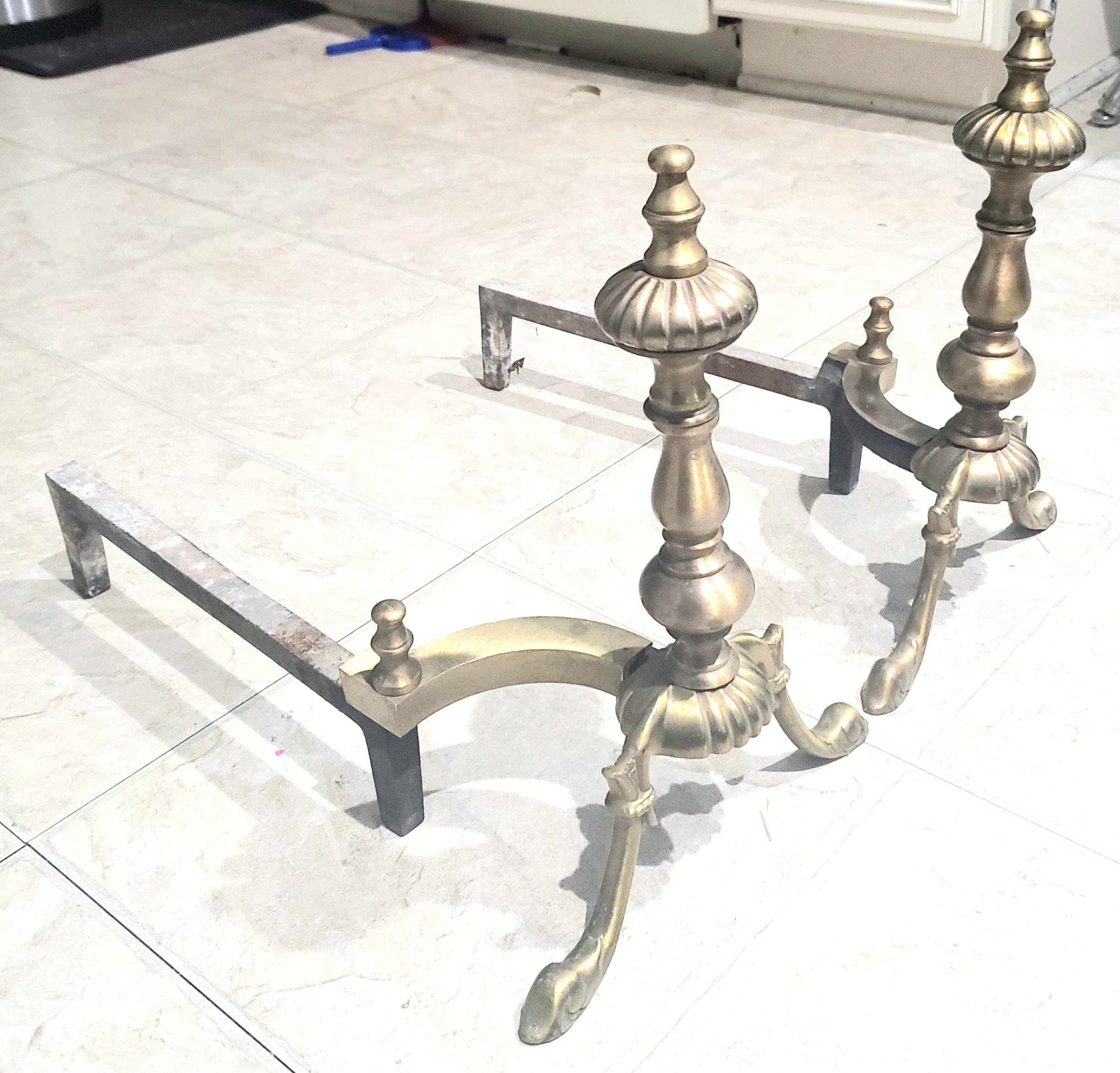 Edwardian Early 20th Century New Classical Brass and Iron Andirons, a Pair
