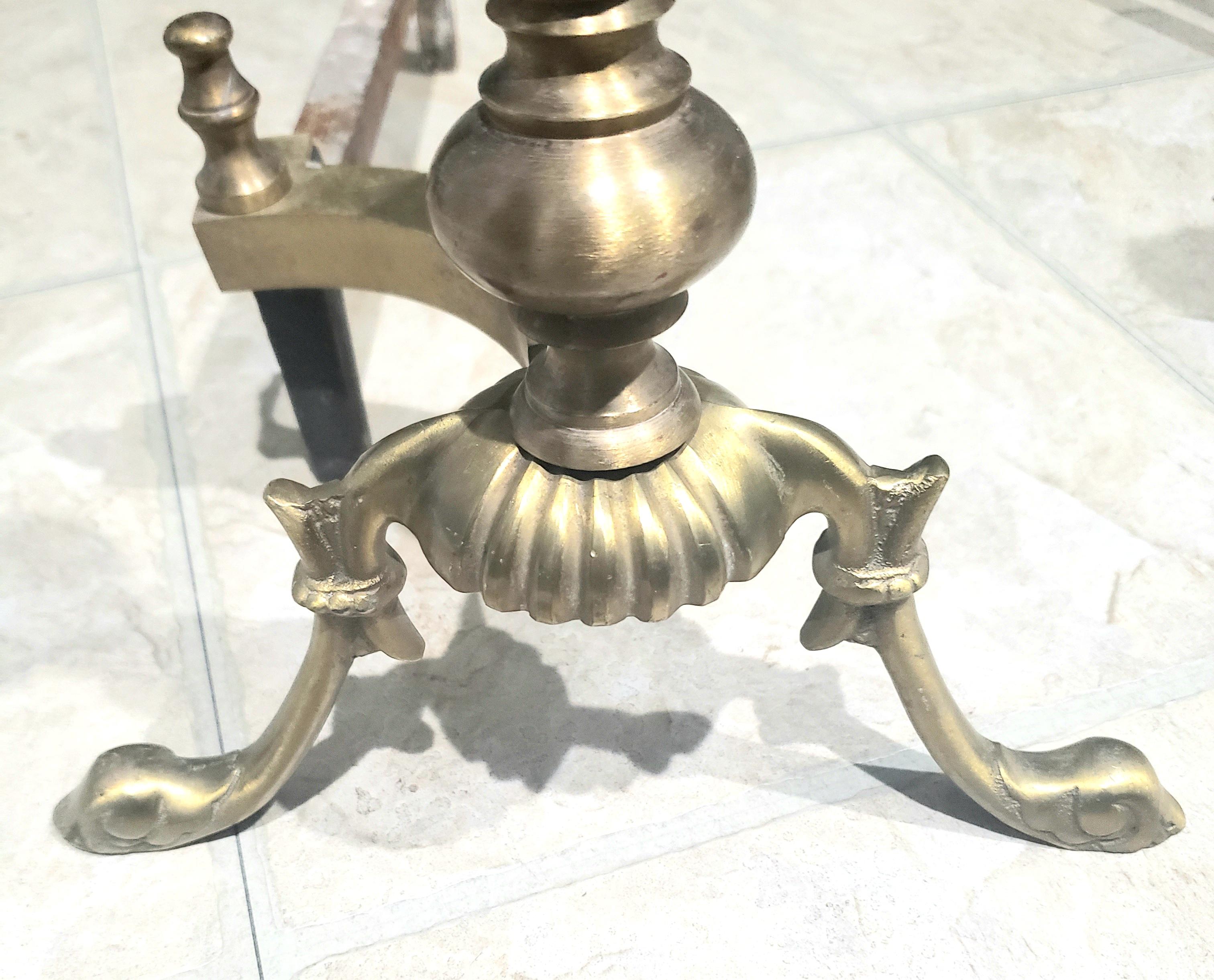 Metalwork Early 20th Century New Classical Brass and Iron Andirons, a Pair