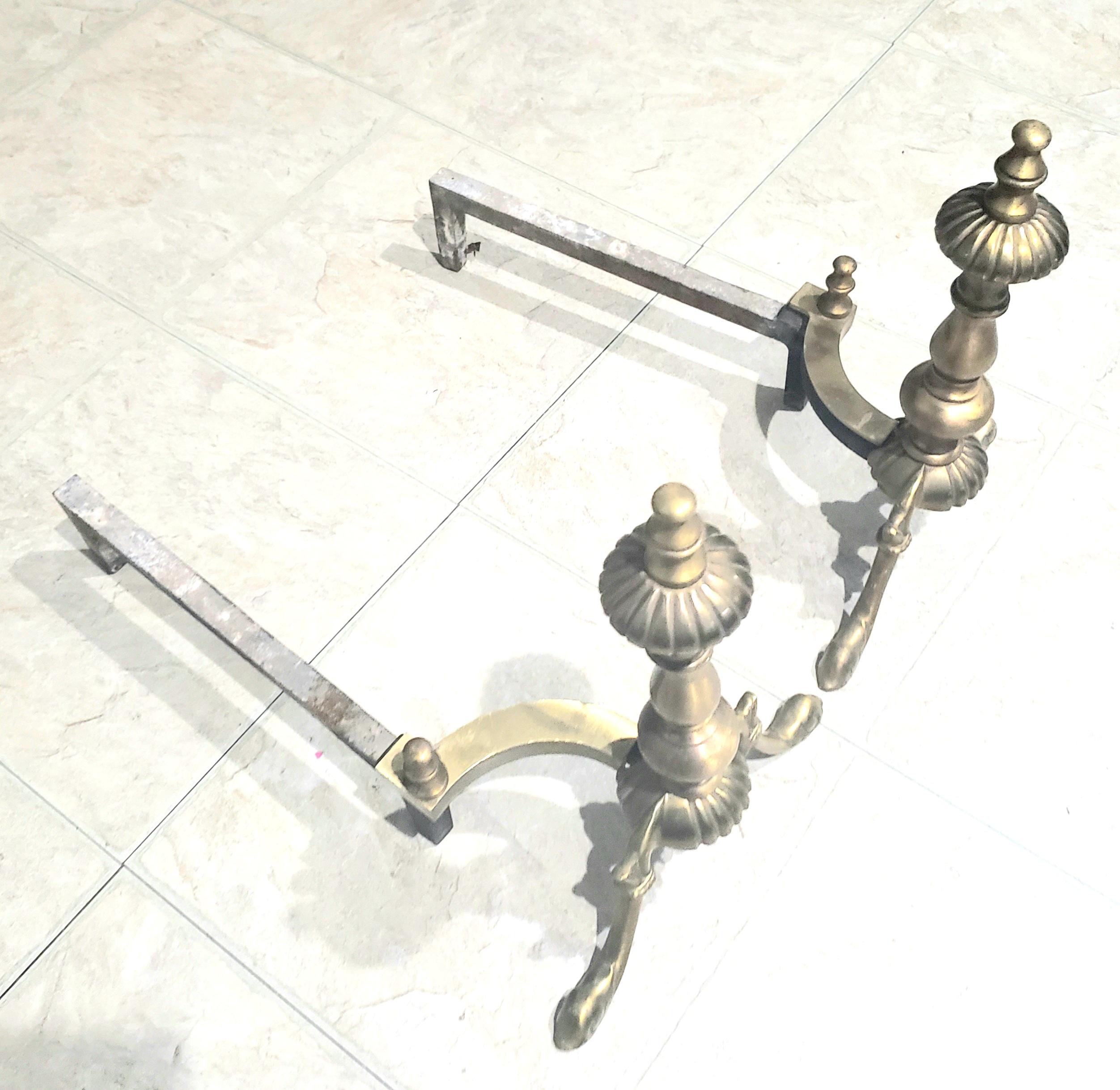 Early 20th Century New Classical Brass and Iron Andirons, a Pair In Good Condition In Germantown, MD