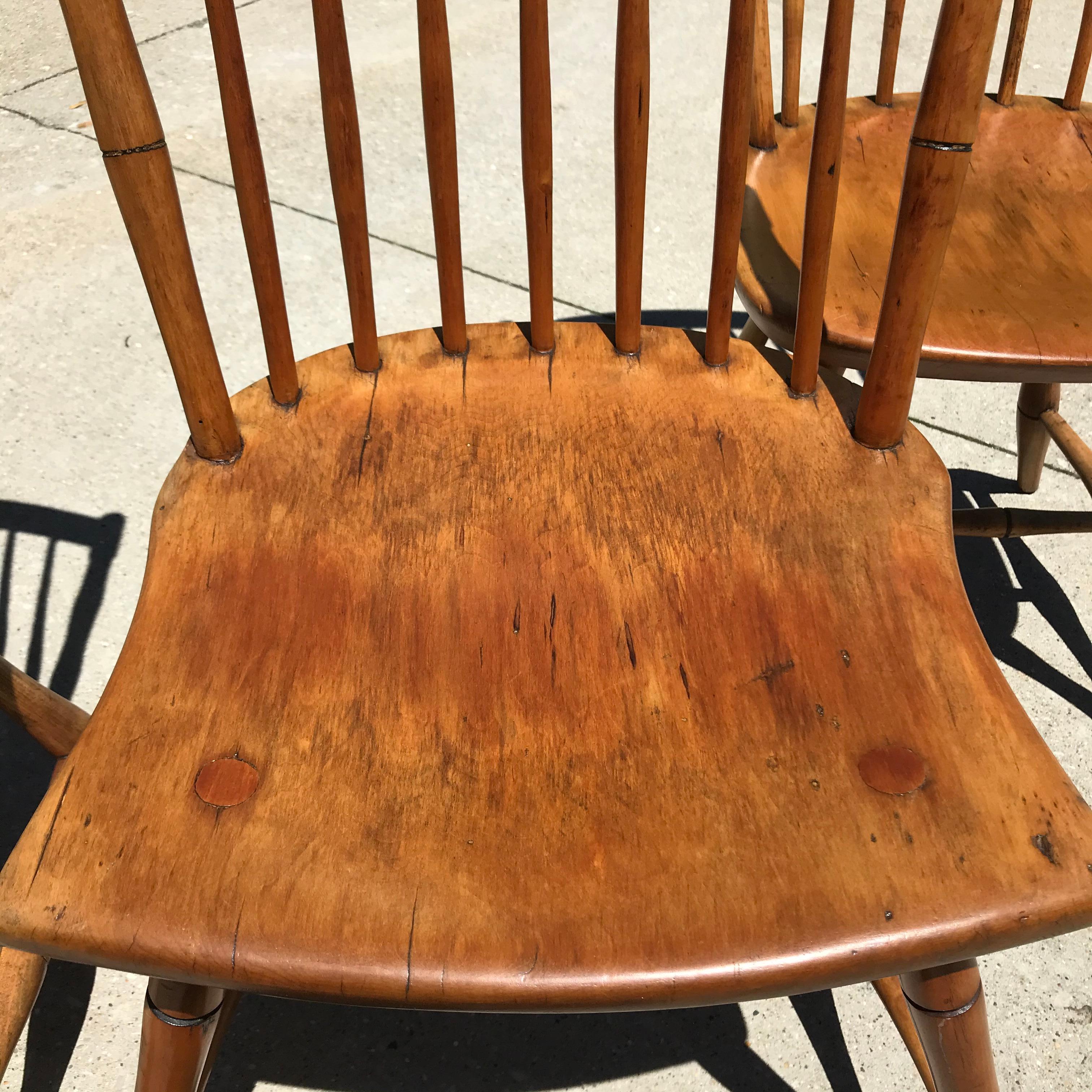 Hand-Carved Early 20th Century New England Maple Spindleback Windsor Chairs