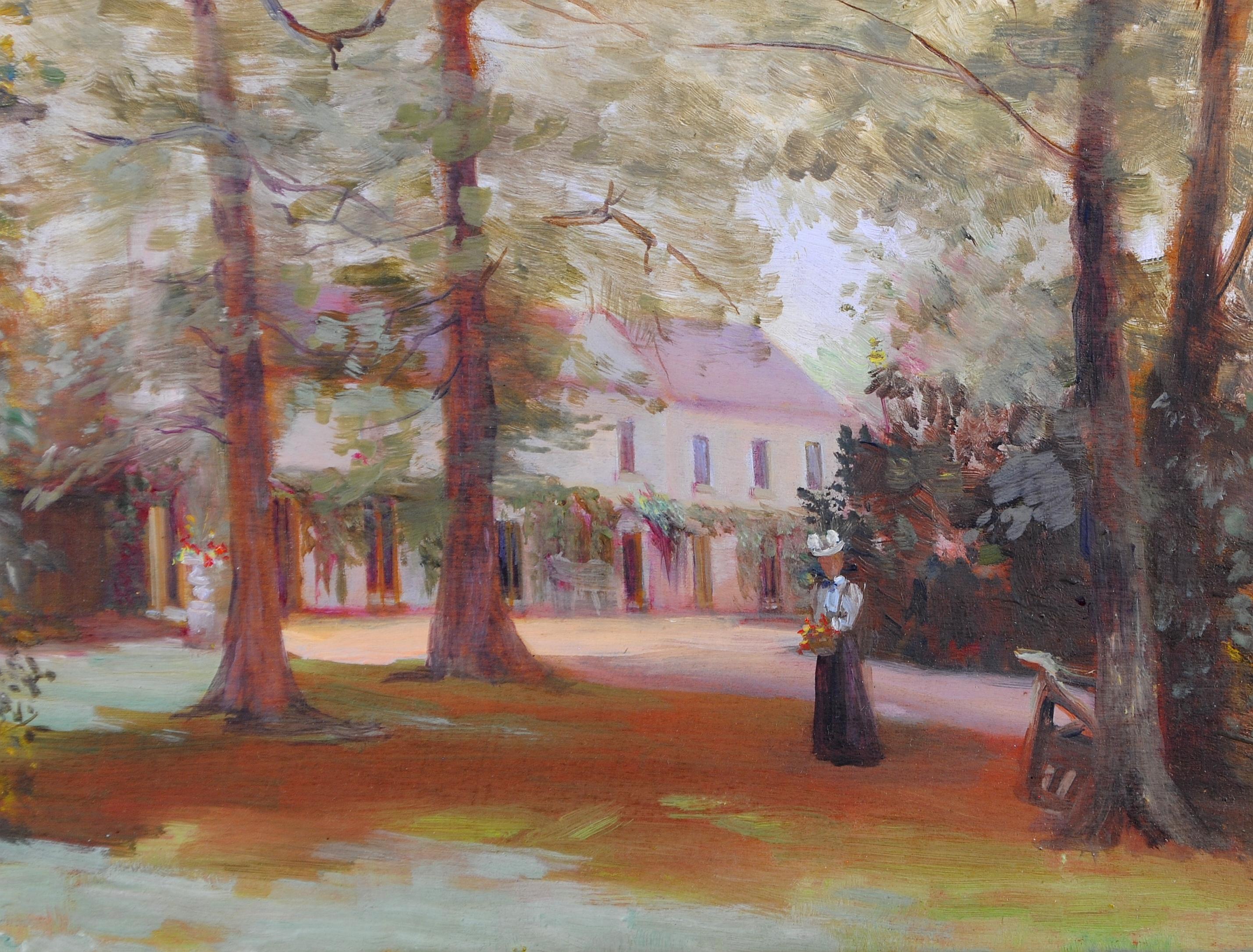 Recogiendo flores - Pintura de paisaje de la escuela Newlyn de Cornualles de principios del siglo XX - Landscape Painting Marrón de Early 20th Century Newlyn School