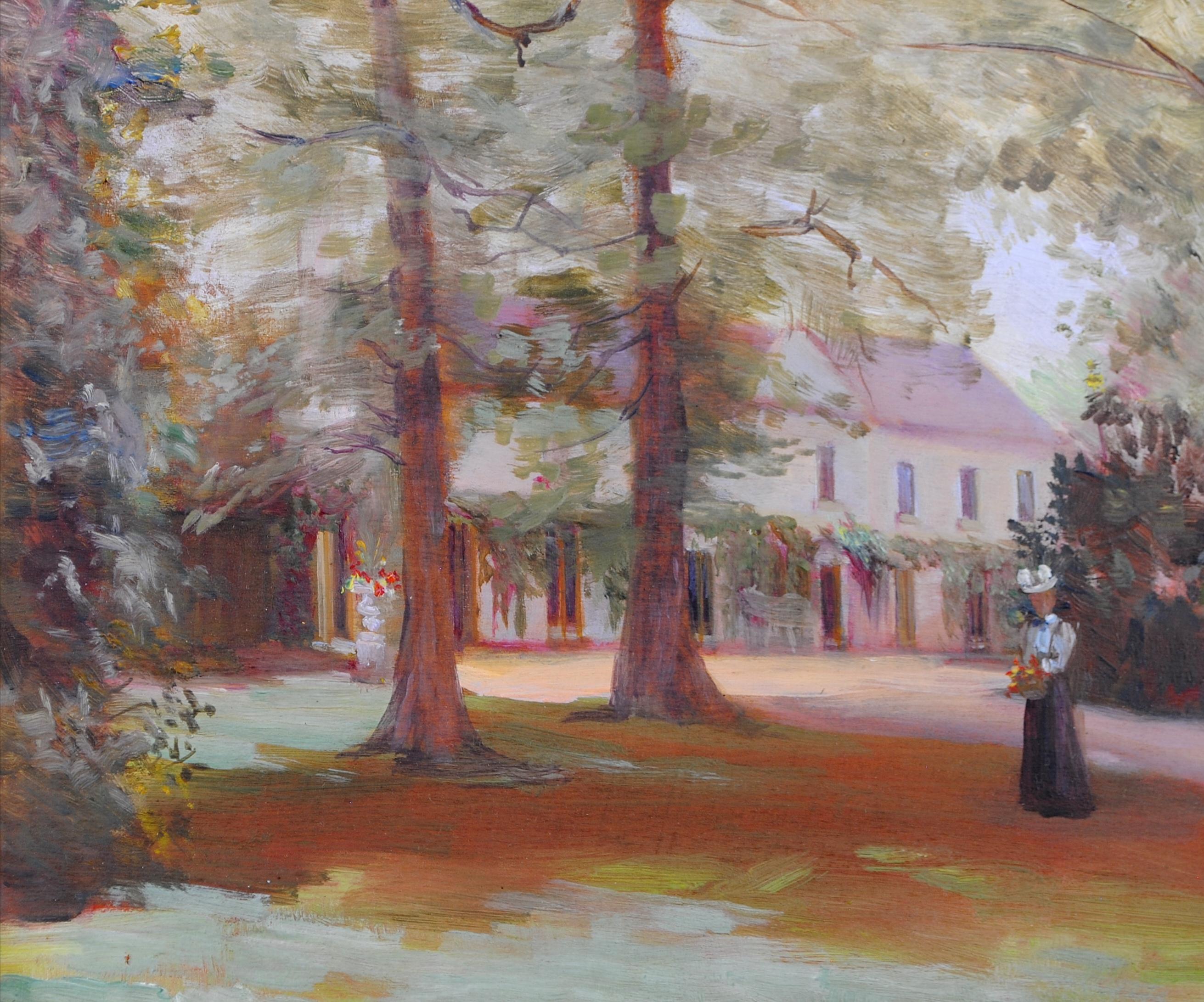 Precioso óleo sobre tabla de la Escuela Newlyn de Cornualles, de principios del siglo XX, que representa a una dama recogiendo flores en el jardín de una gran casa de campo.

La obra está magníficamente pintada en estilo impresionista y se presenta