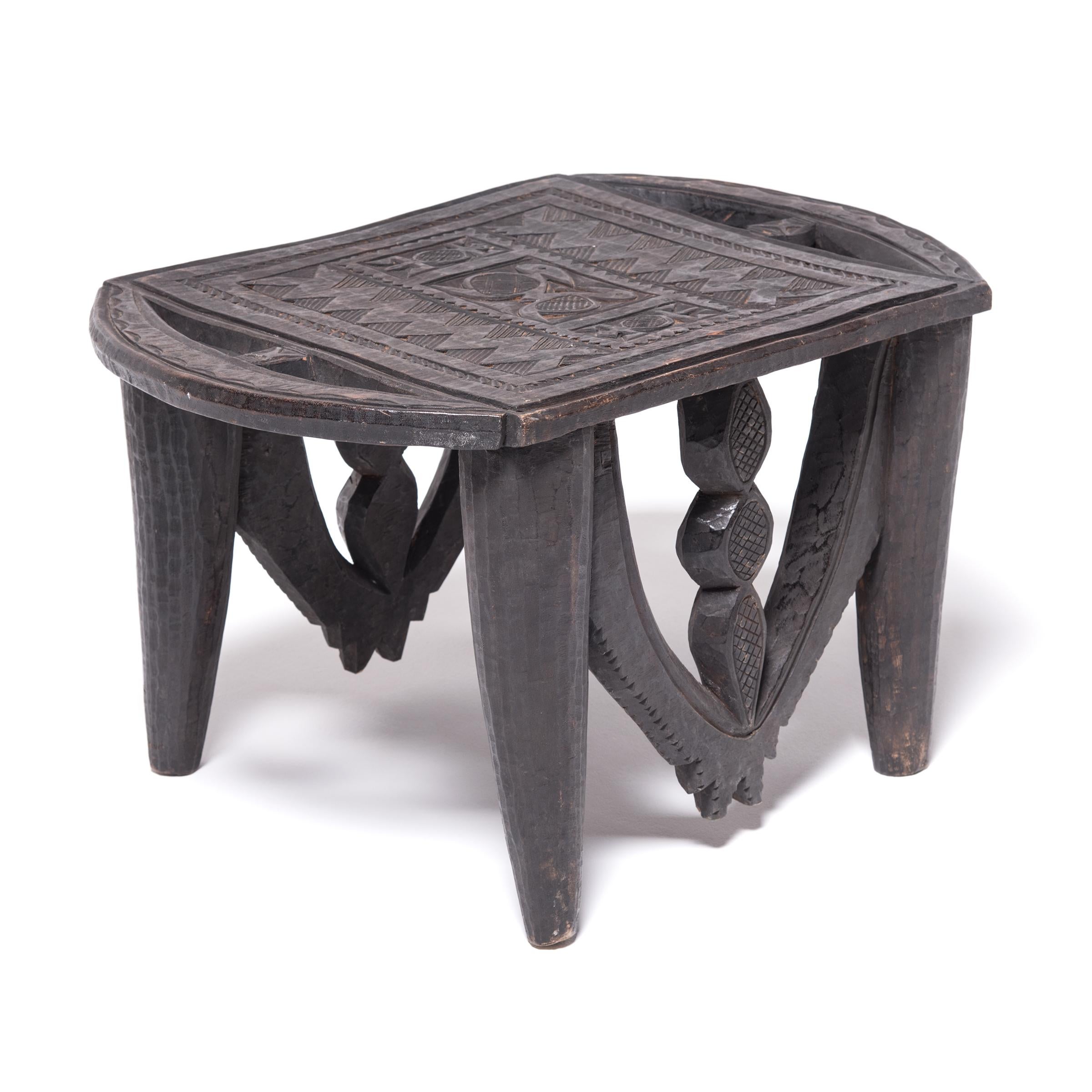 Hand-Carved Early 20th Century Nigerian Nupe Stool with Animal Motifs