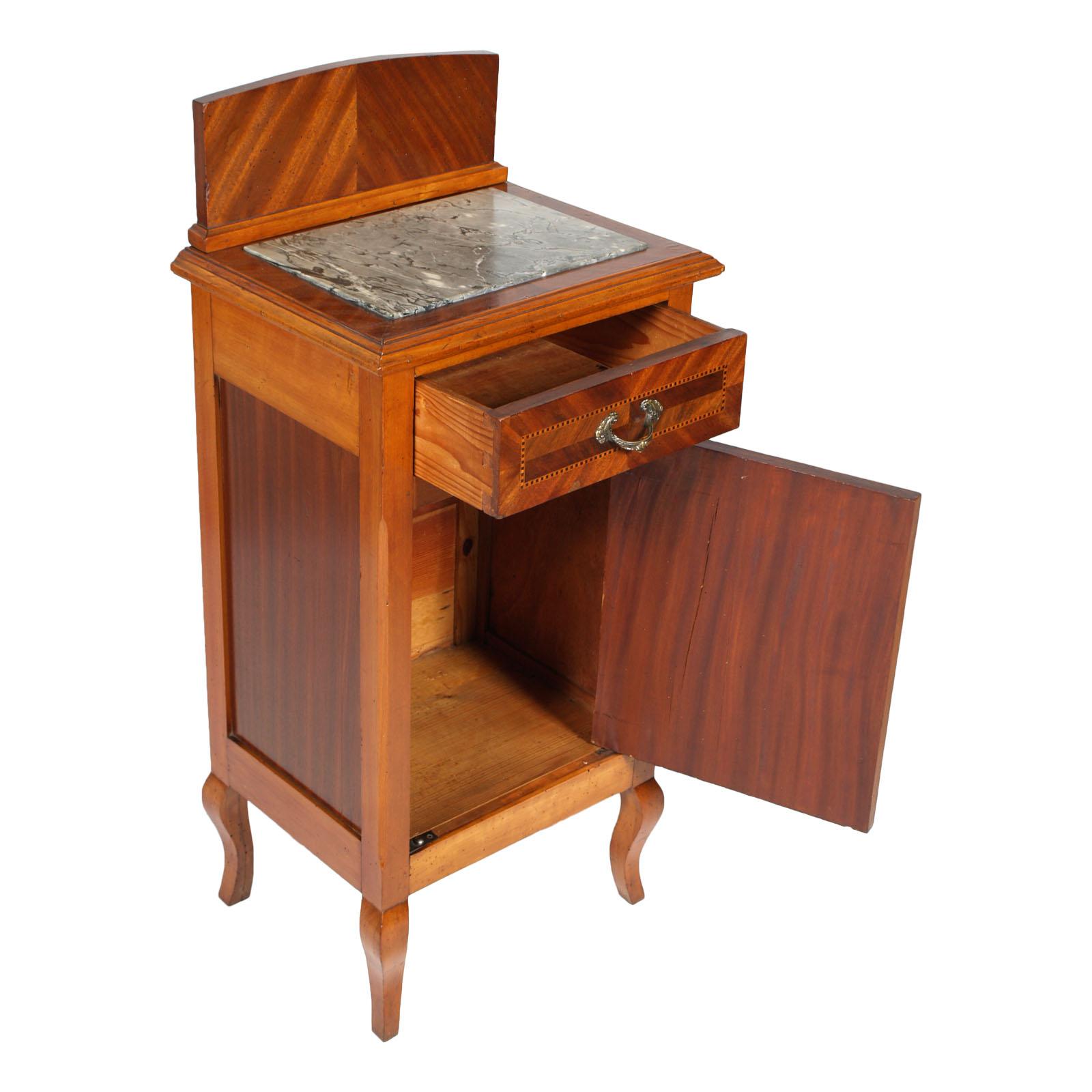 Art Nouveau Antique couple Nightstands, Bedside Tables, Walnut & Mahogany with Marble Top For Sale