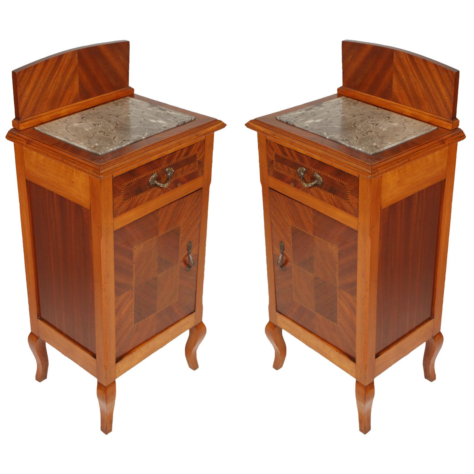 Antique couple Nightstands, Bedside Tables, Walnut & Mahogany with Marble Top