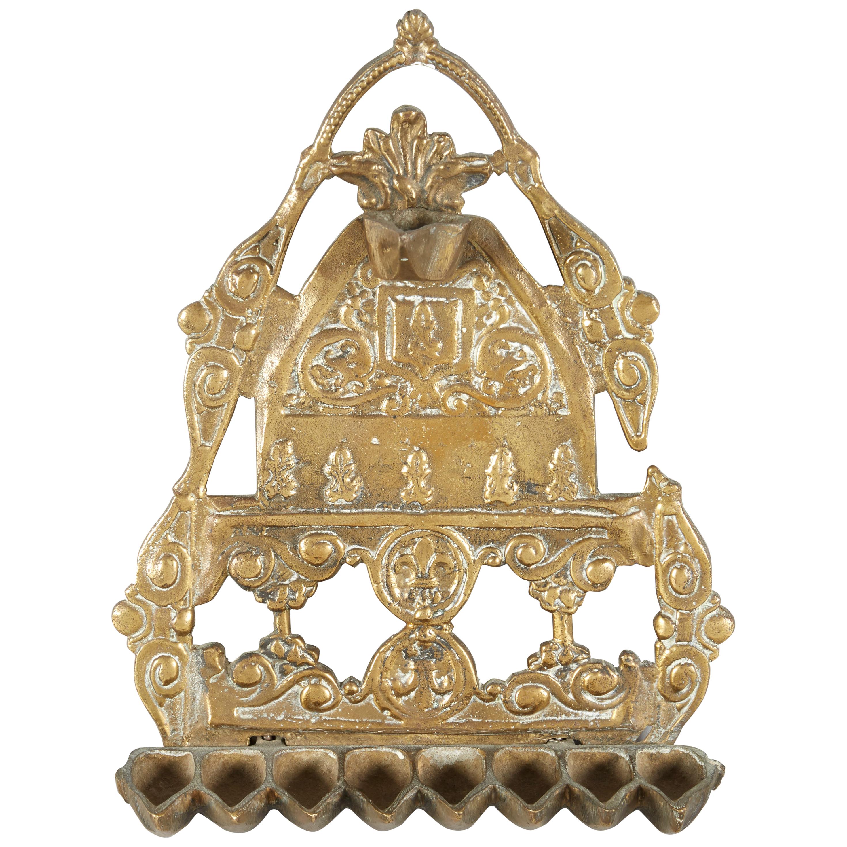 Early 20th Century North-African "Fleur-de-lis" Brass Hanukkah Lamp Menorah