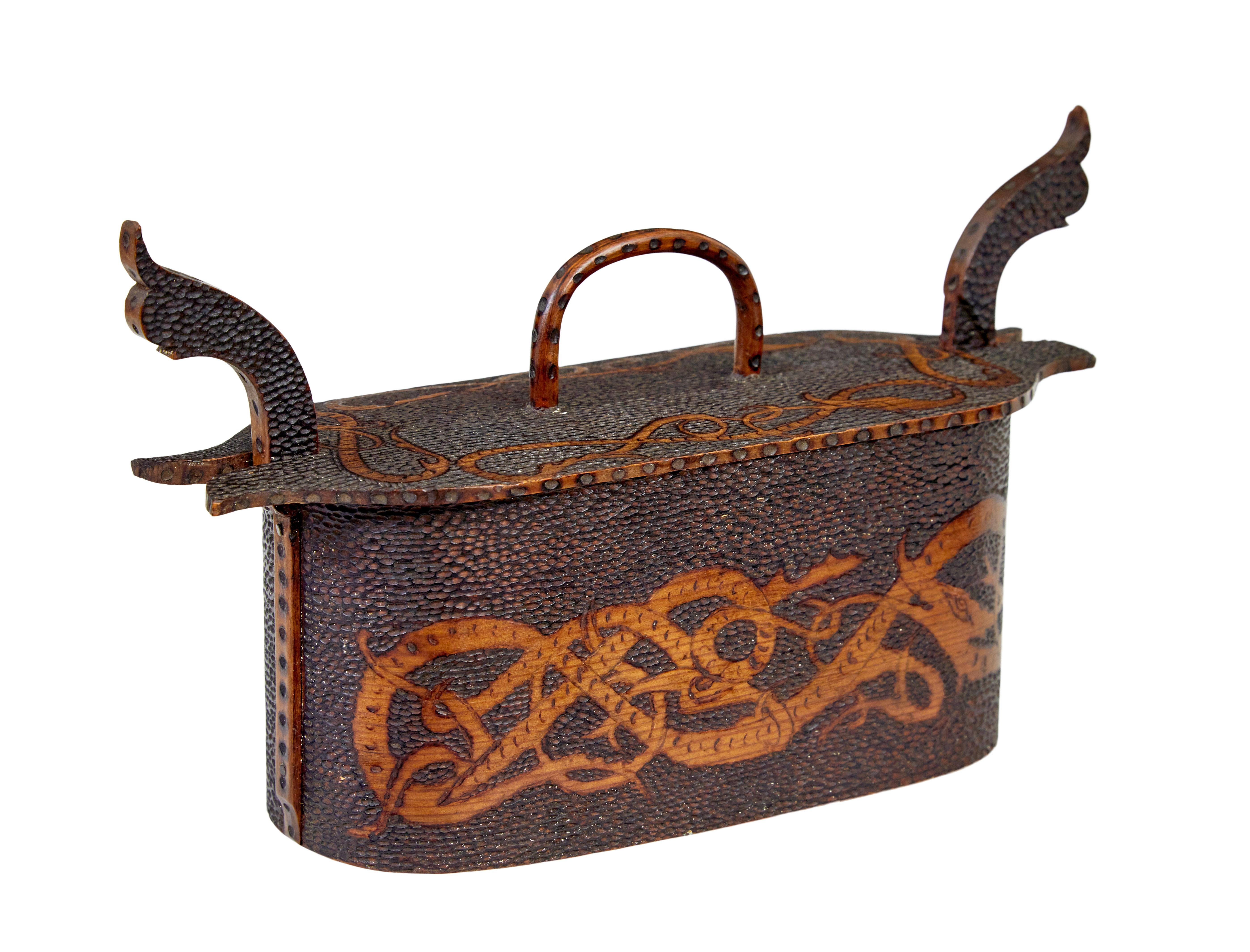 Folk Art Early 20th century Norwegian pokerwork tine box For Sale