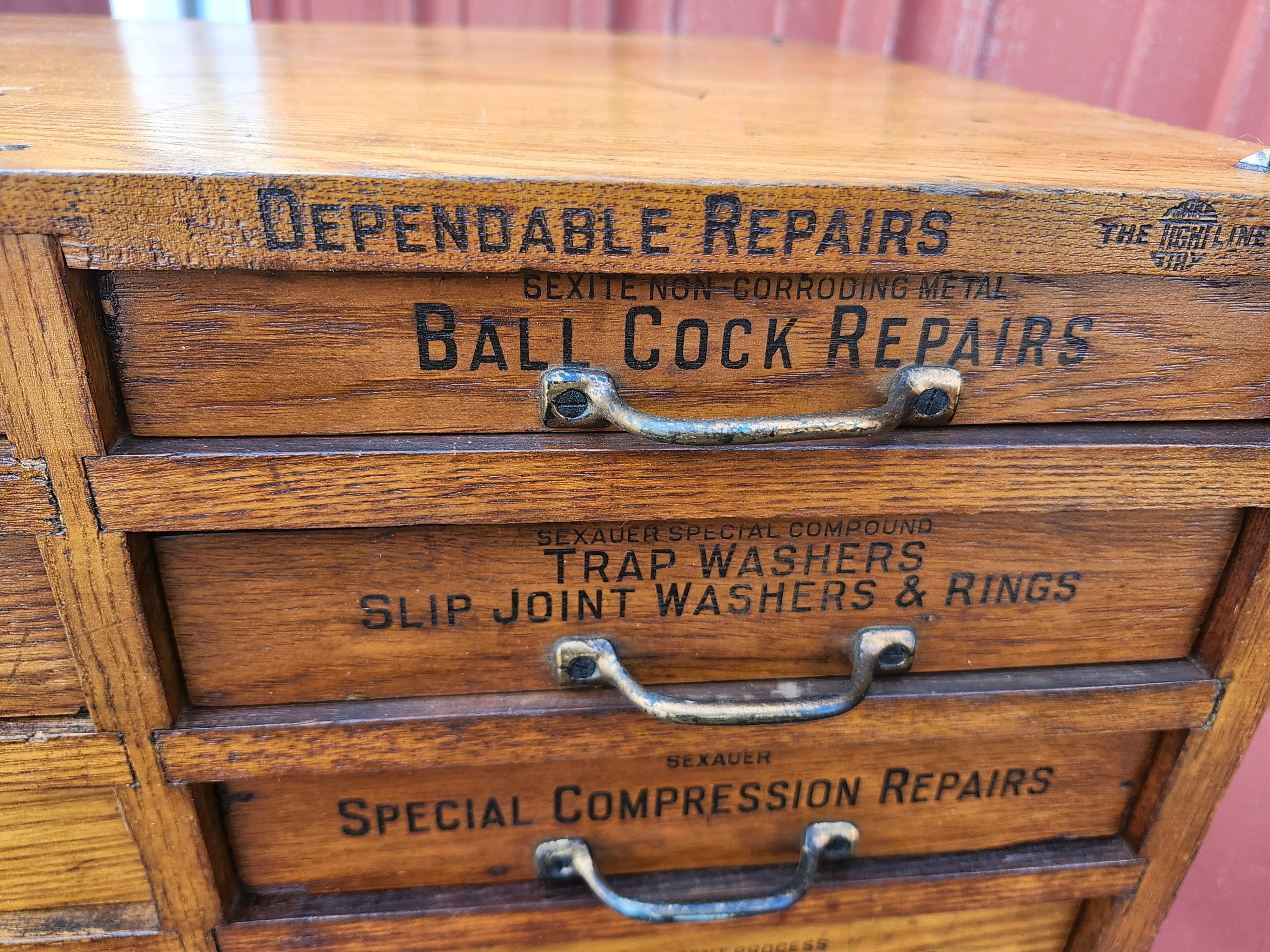Early 20th Century Oak 20 Drawer Labeled Plumbing Apothecary Cabinet 2 Available For Sale 2