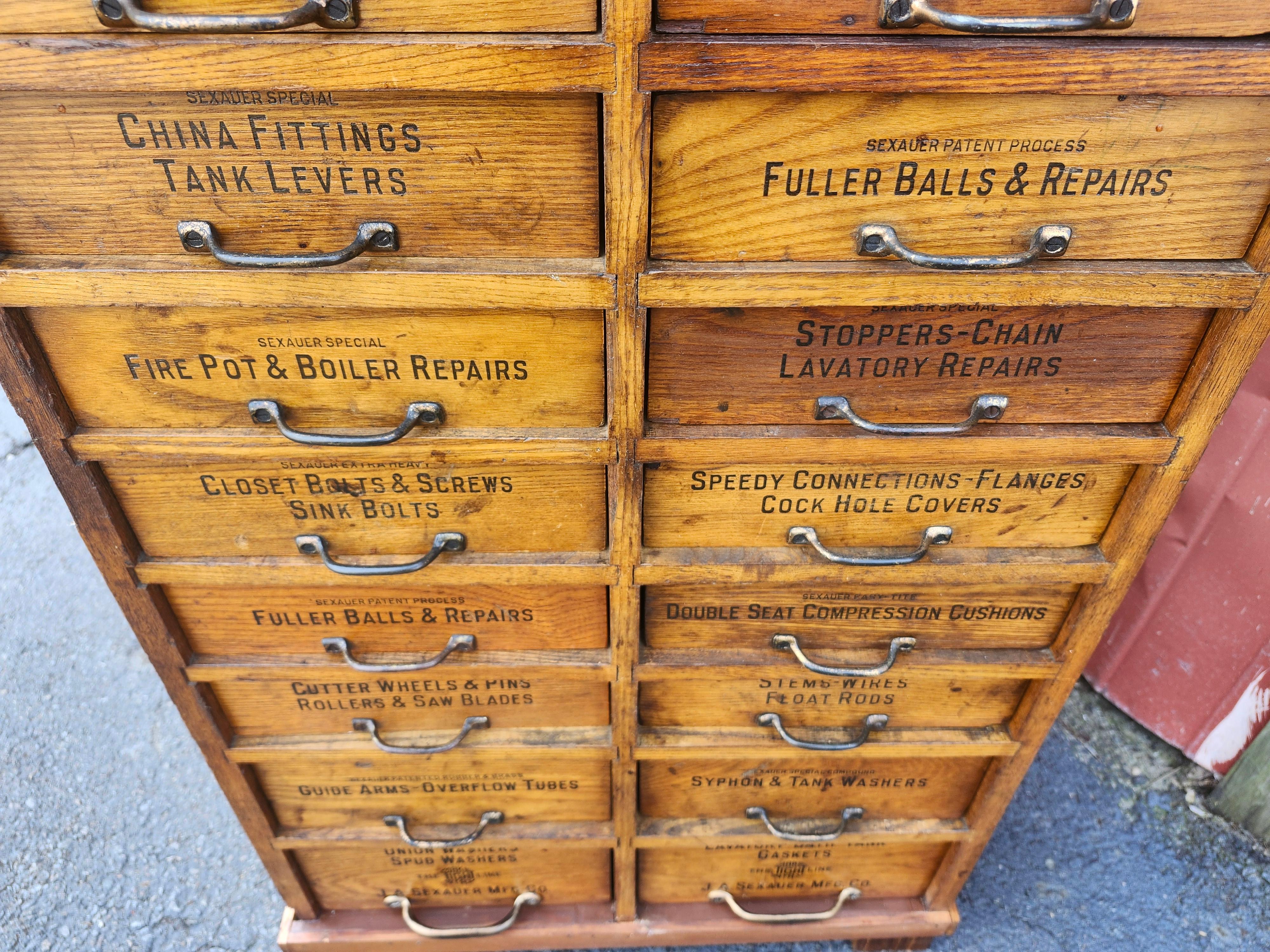 Early 20th Century Oak 20 Drawer Labeled Plumbing Apothecary Cabinet 2 Available For Sale 3