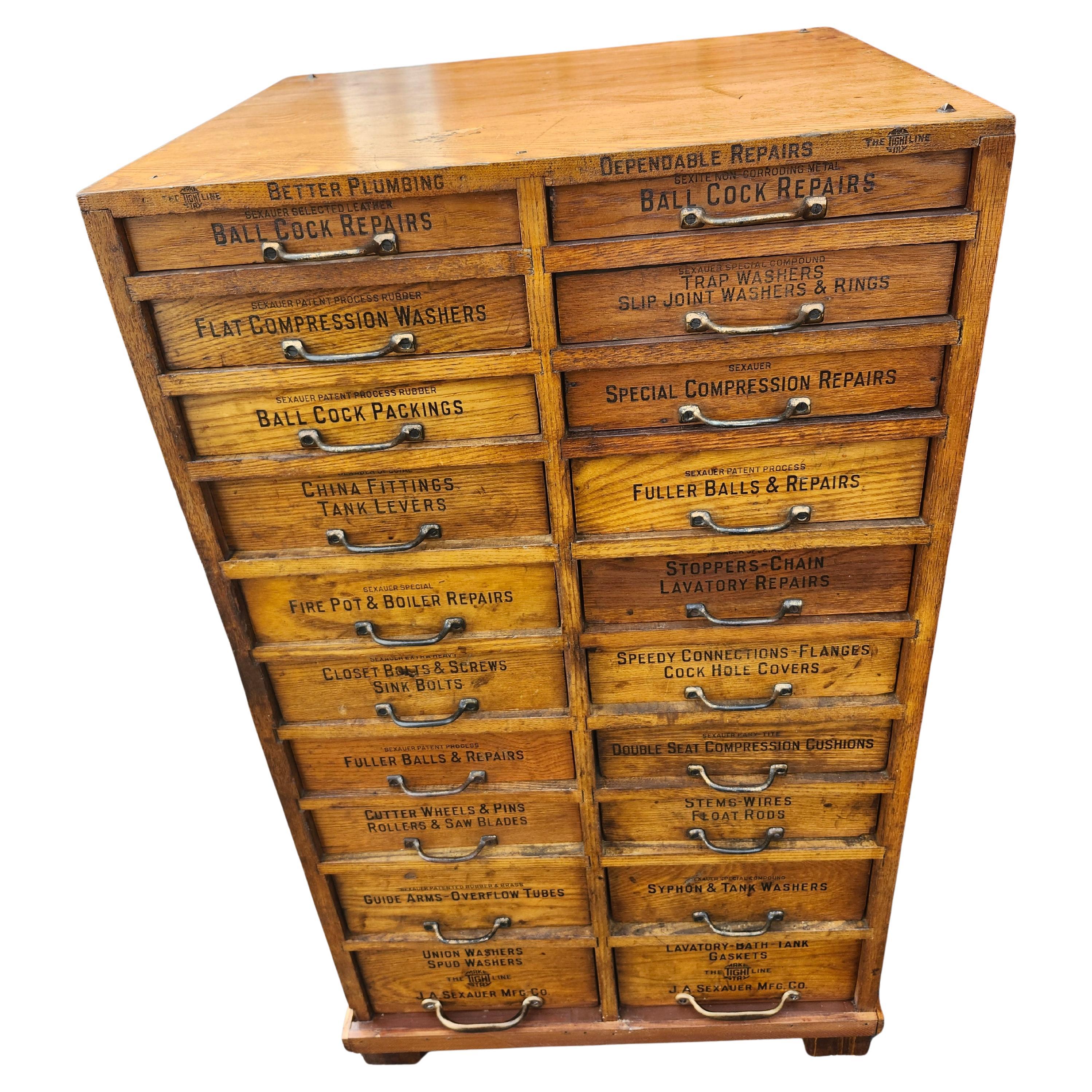 Hand-Crafted Early 20th Century Oak 20 Drawer Labeled Plumbing Apothecary Cabinet 2 Available For Sale