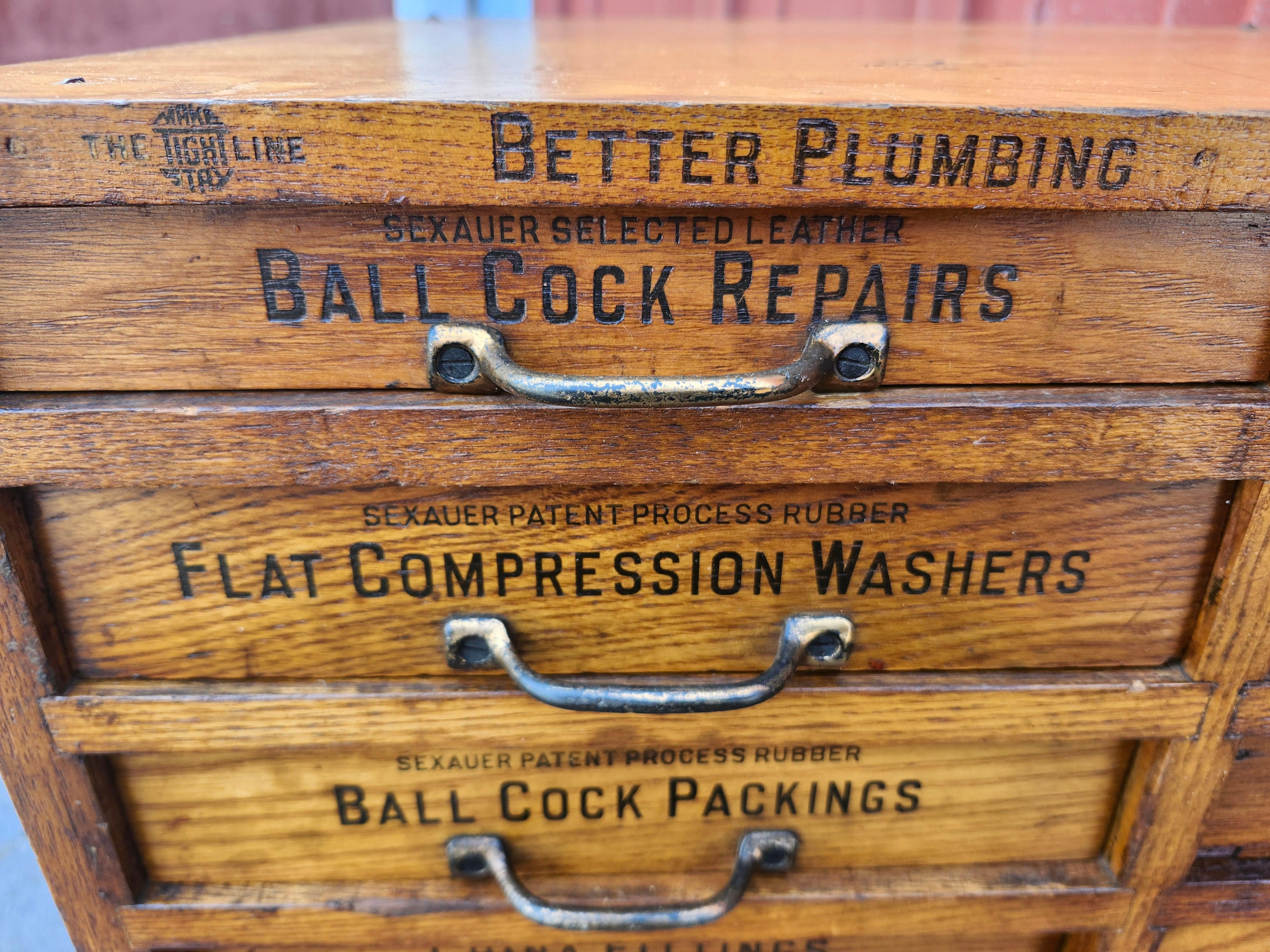 Early 20th Century Oak 20 Drawer Labeled Plumbing Apothecary Cabinet 2 Available For Sale 1