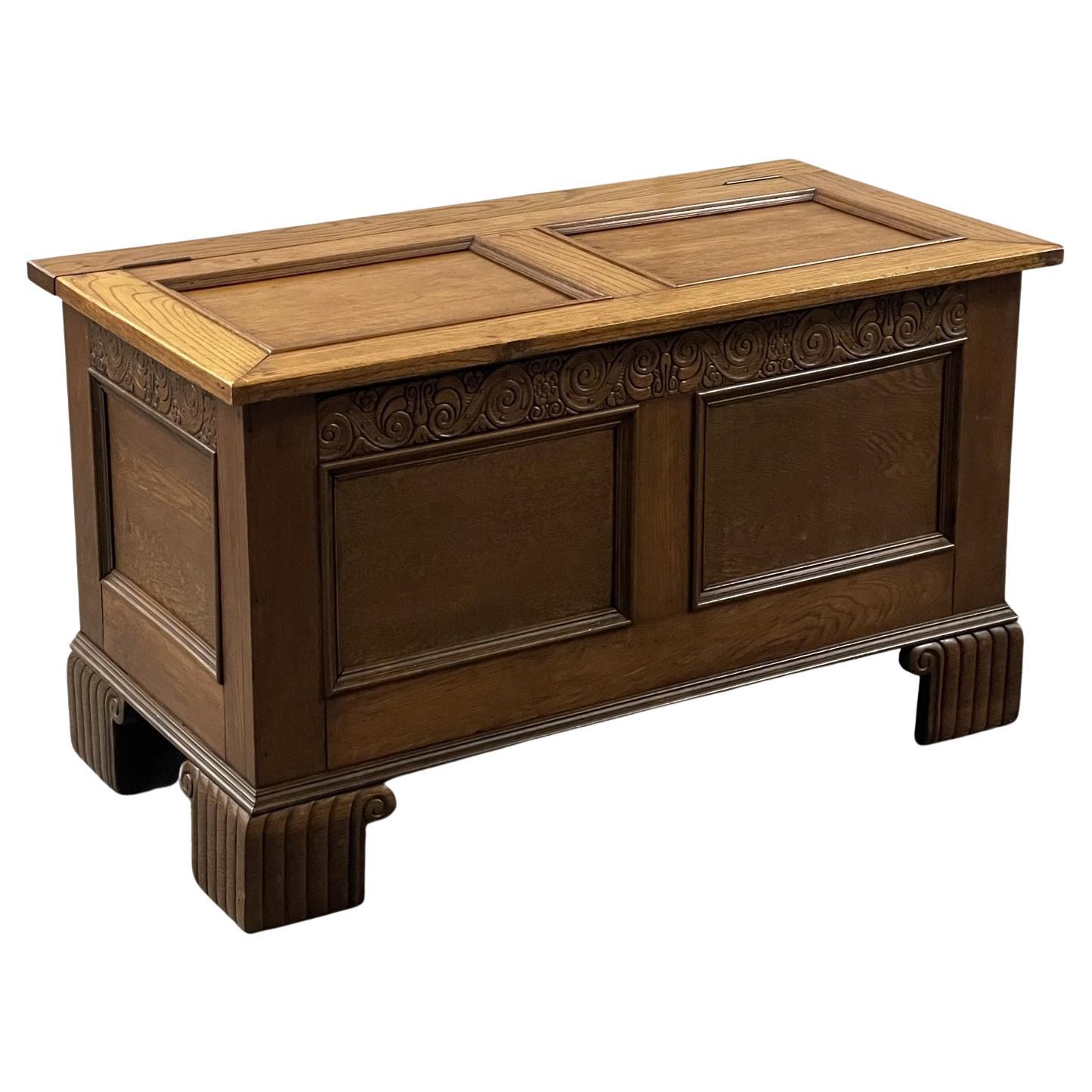 Early 20th Century Oak Blanket Chest Trunk With Scroll Carved Detailing