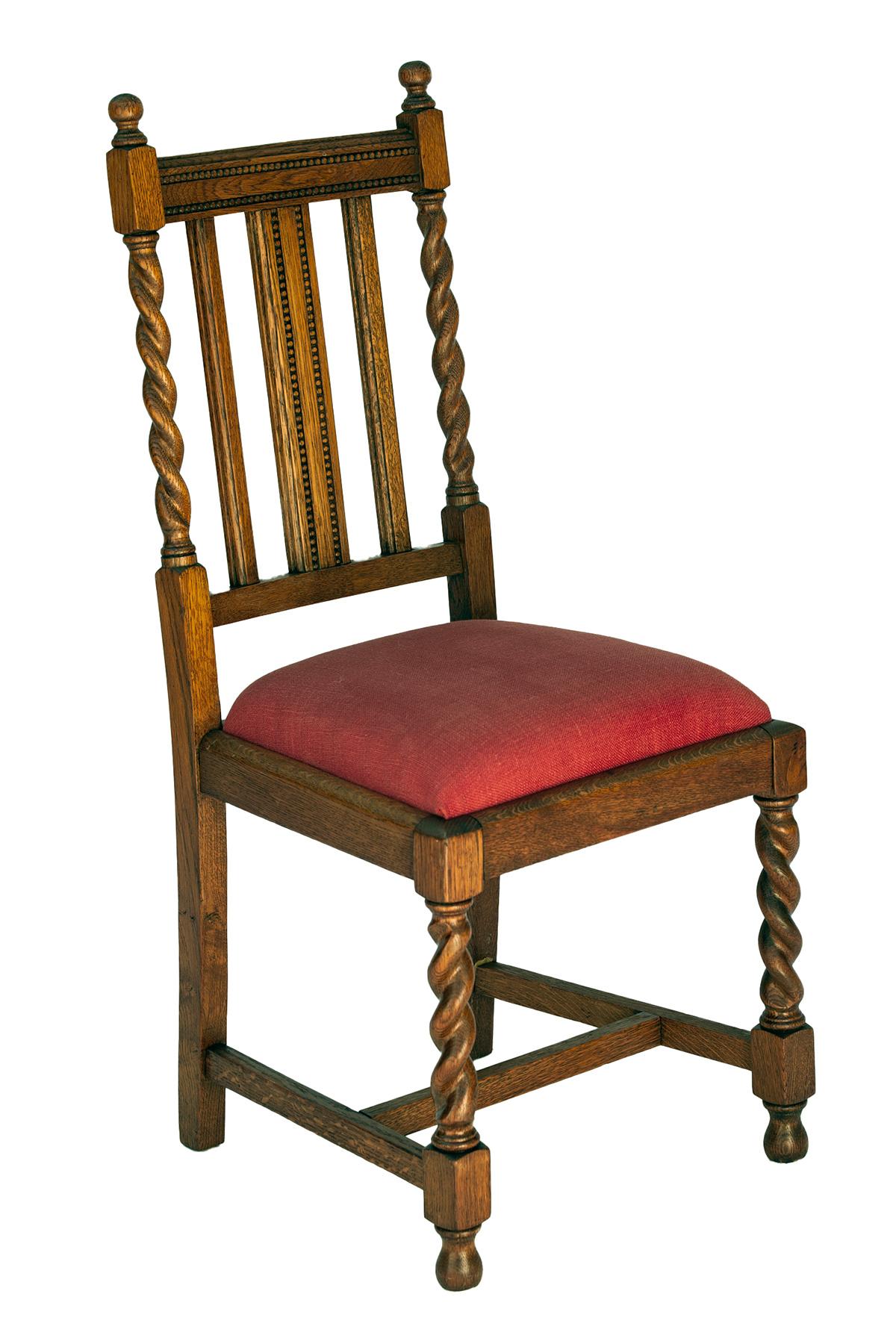 Late Victorian Early 20th Century Oak Dining Chairs Linen/Silk Seats in Paprika Red, a Pair For Sale