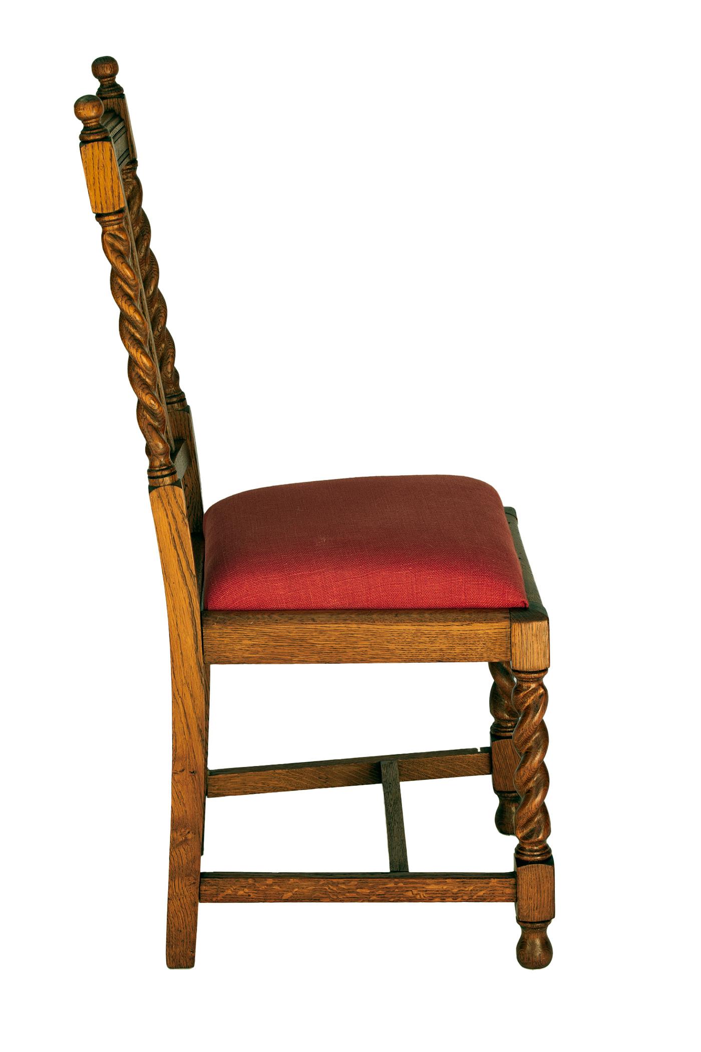 British Early 20th Century Oak Dining Chairs Linen/Silk Seats in Paprika Red, a Pair For Sale