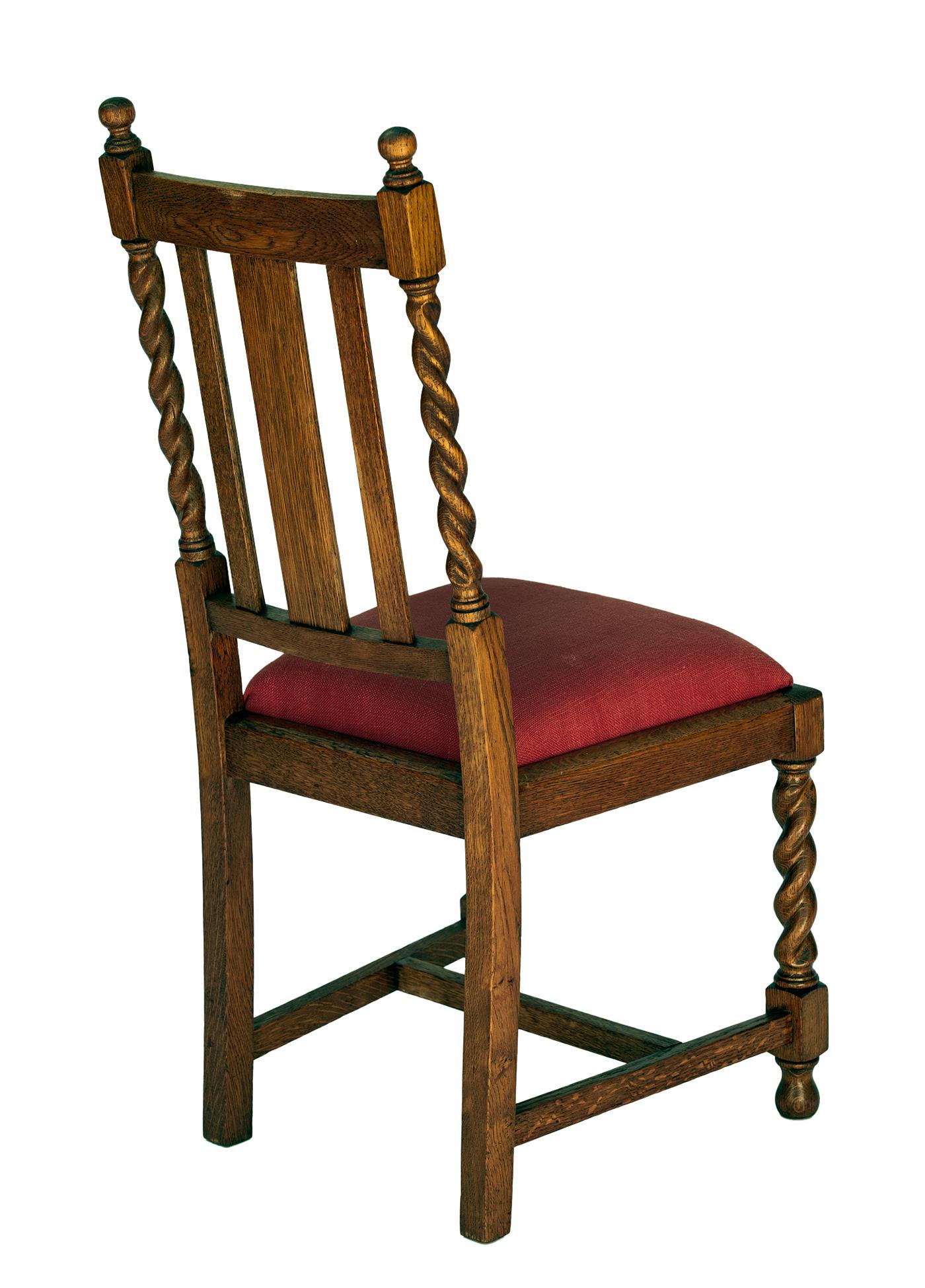 Hand-Crafted Early 20th Century Oak Dining Chairs Linen/Silk Seats in Paprika Red, a Pair For Sale