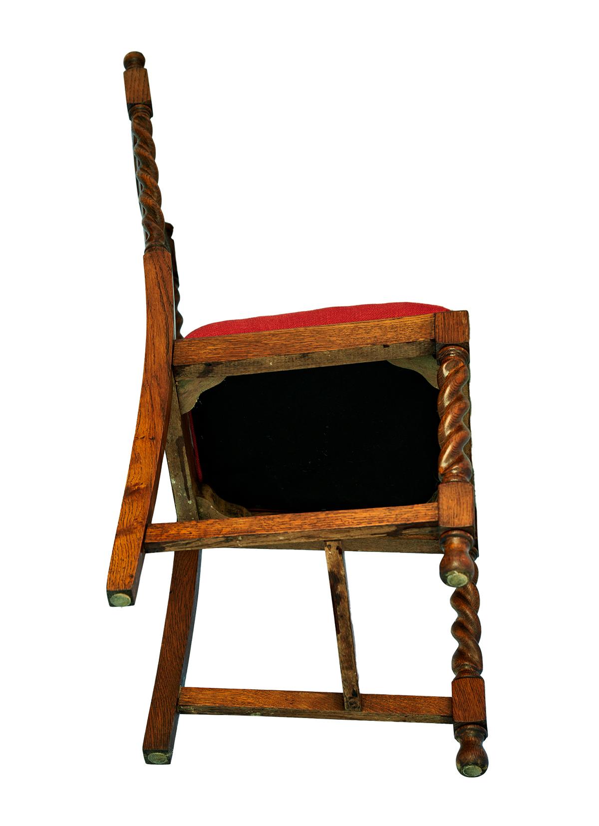 Early 20th Century Oak Dining Chairs Linen/Silk Seats in Paprika Red, a Pair In Good Condition For Sale In Malibu, CA