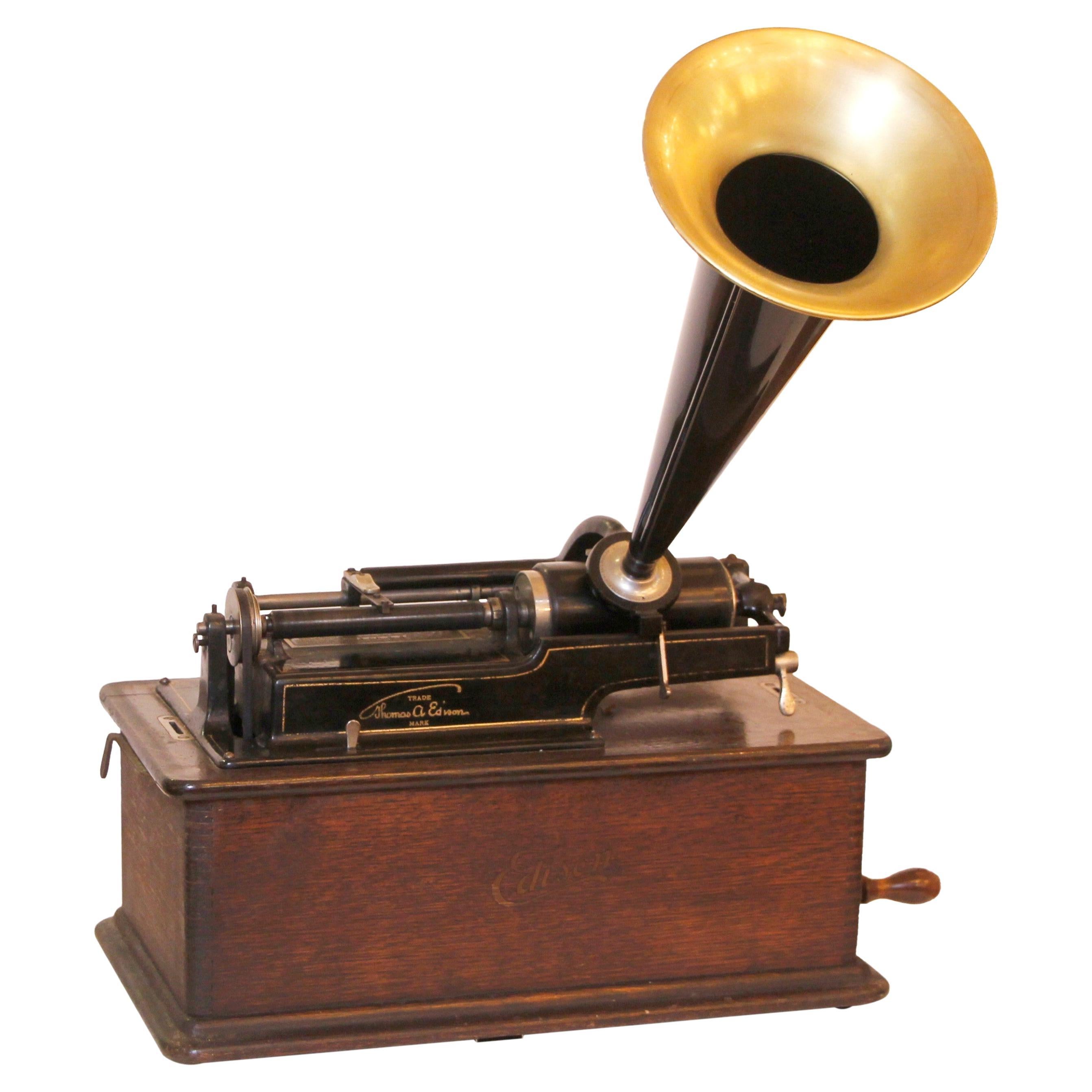 Early 20th C Oak Edison Cylinder Phonograph w 5 Cylinders