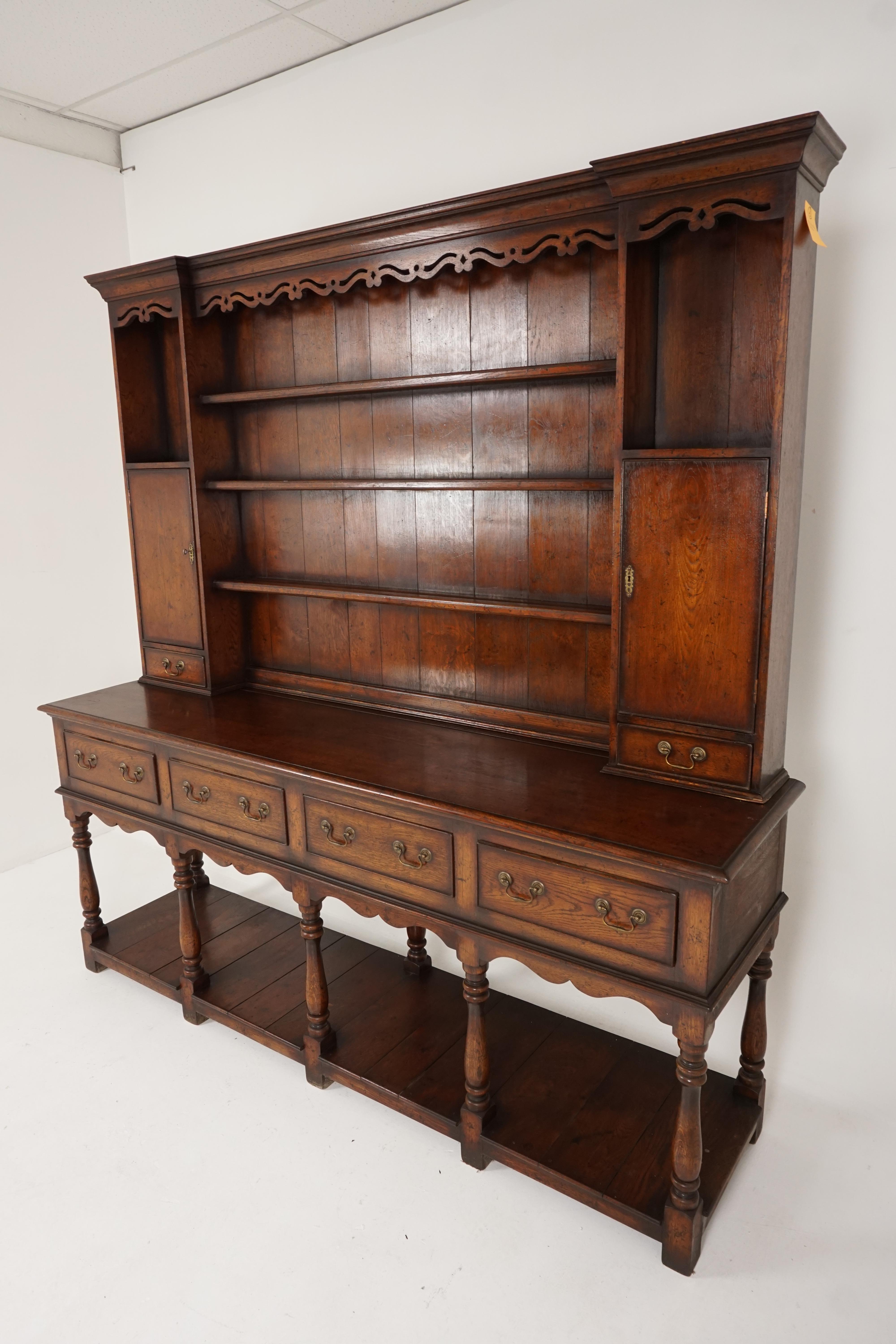 Early 20th century oak pot board welsh dresser, sideboard, Scotland 1920, B2157

Scotland 1920
Solid oak
Original finish
Protruding cornice with a lovely carved oak frieze on top
Vertical backboards
Three long and two short grooved