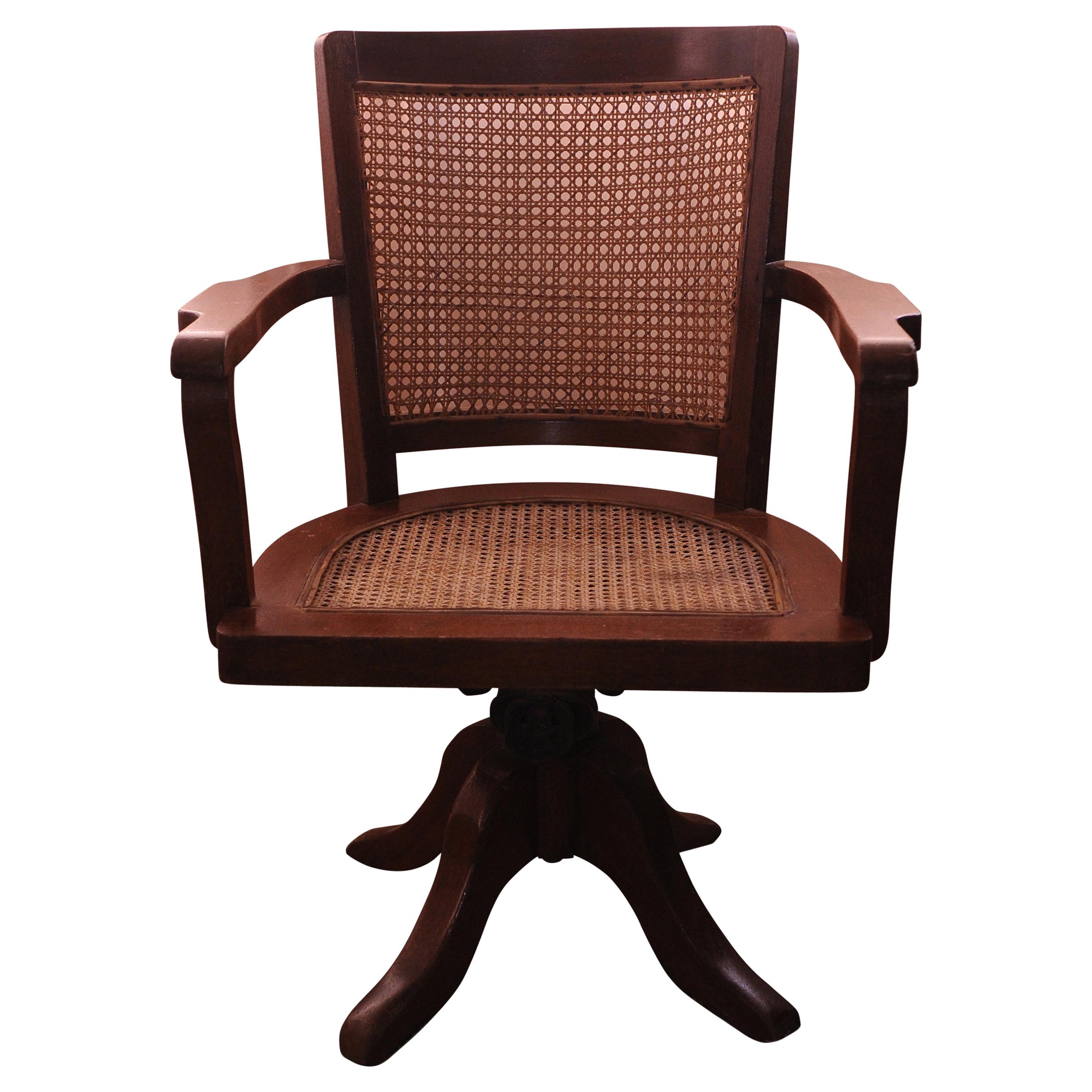 Early 20th Century Oak, Revolving, Rattan / Cane Clerks Office Desk Chair For Sale