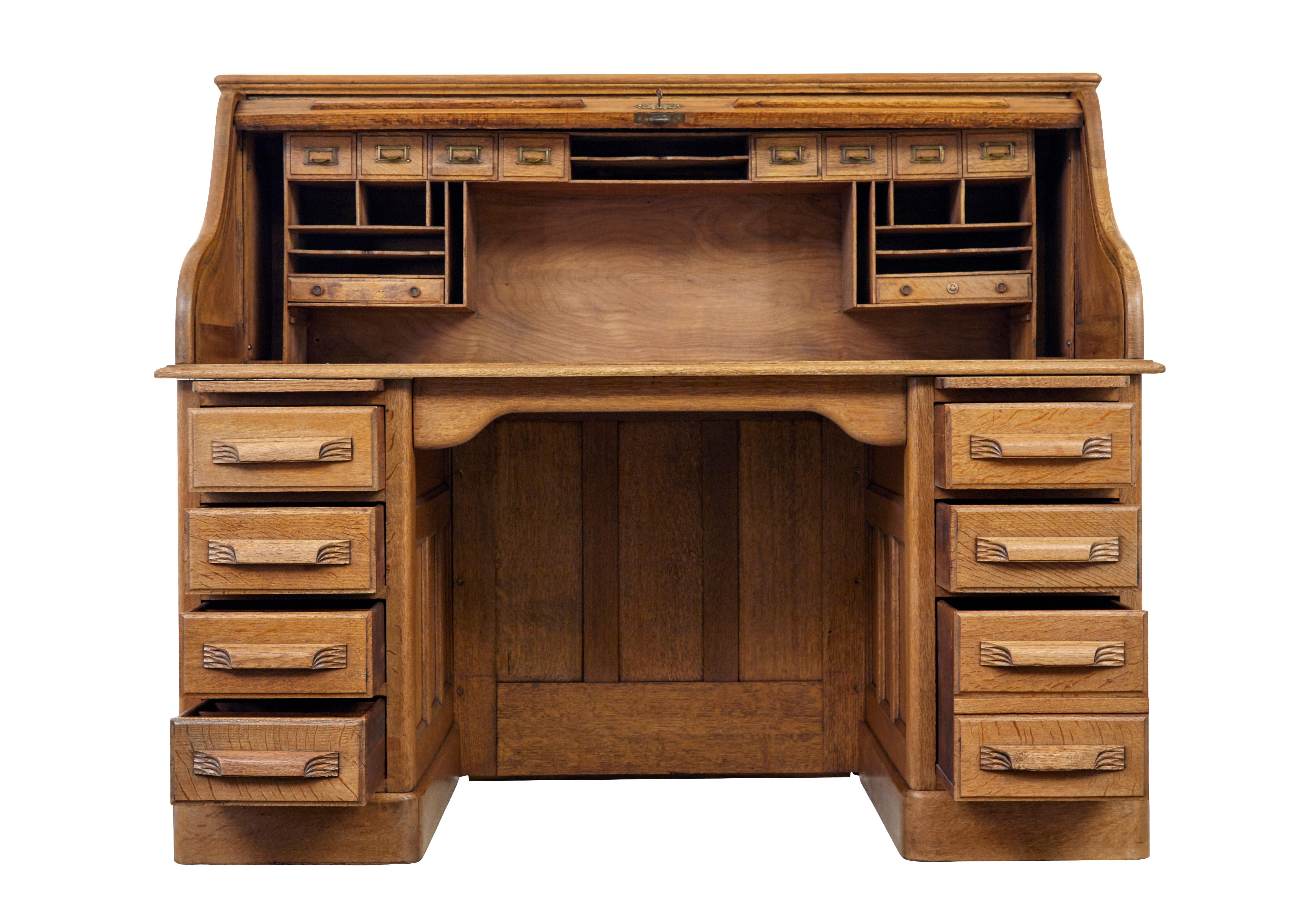 Edwardian Early 20th Century Oak Roll Top Pedestal Desk