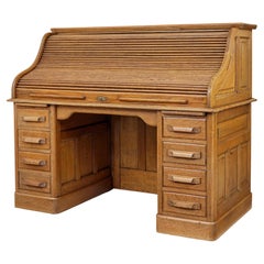 Antique Early 20th Century Oak Roll Top Pedestal Desk