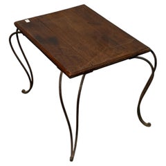 Early 20th-Century Oak Side Table with Solid Top and Curved Iron Legs