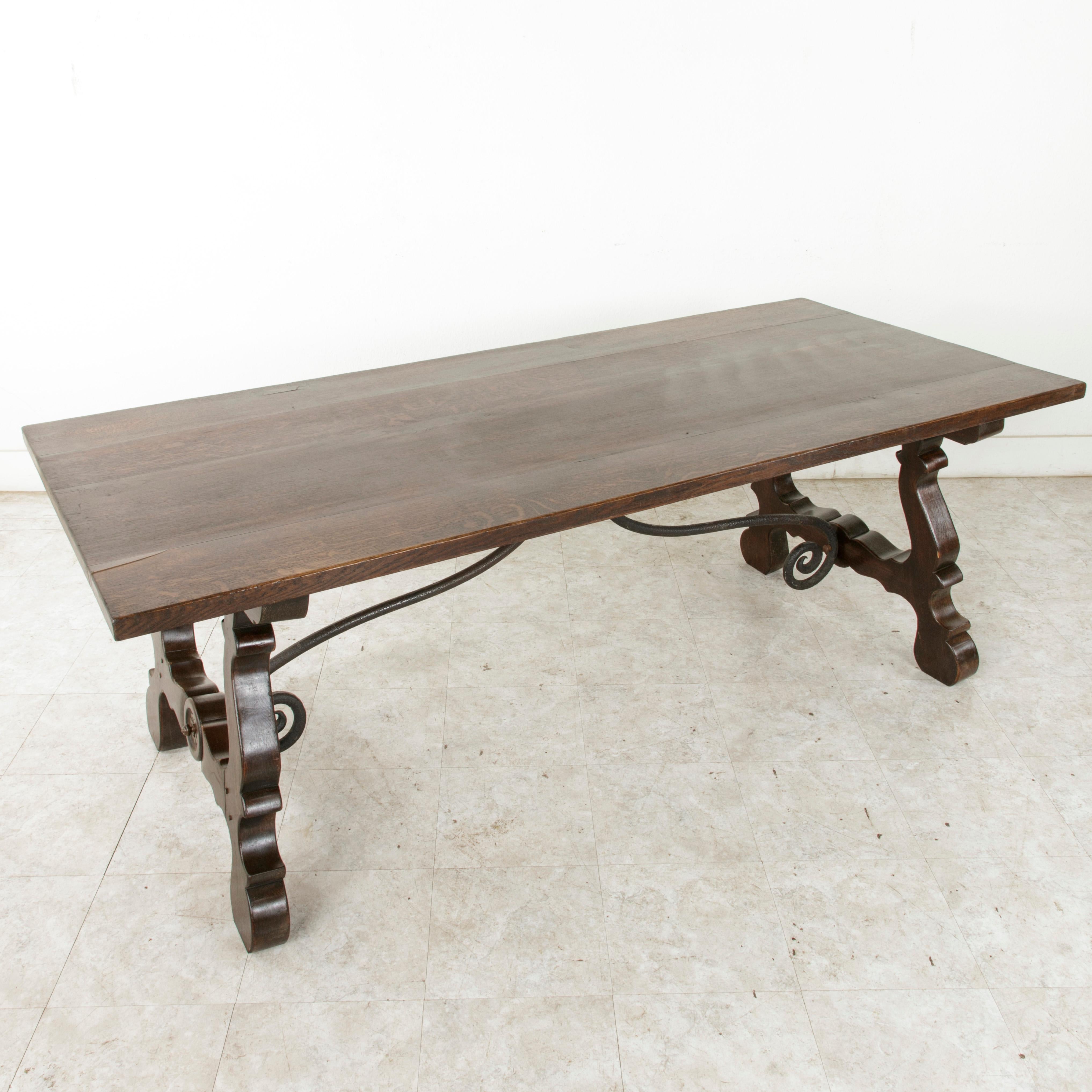 Early 20th Century Oak Spanish Renaissance Style Dining Table, Iron Stretcher 7