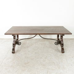 Early 20th Century Oak Spanish Renaissance Style Dining Table, Iron Stretcher