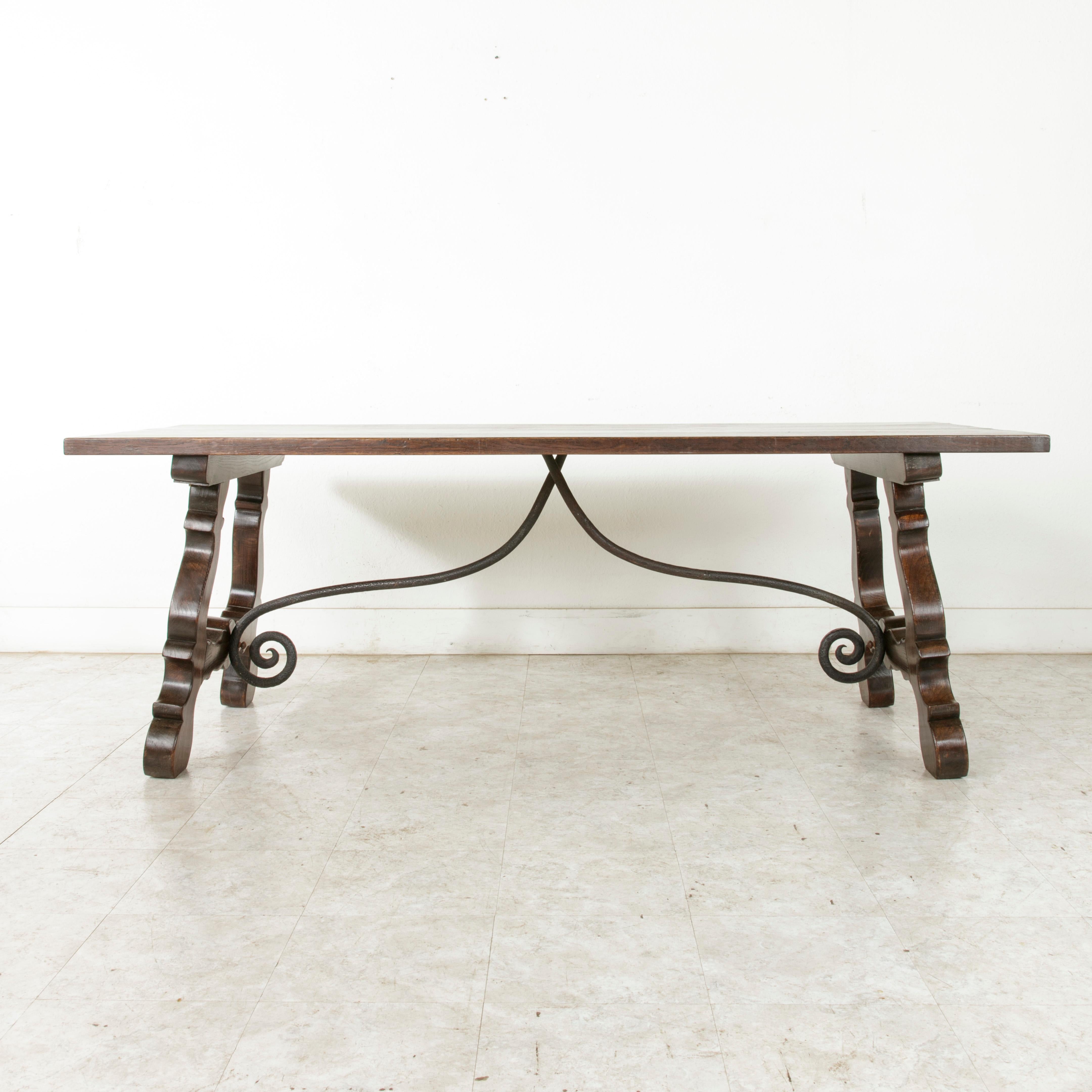 Early 20th Century Oak Spanish Renaissance Style Dining Table, Iron Stretcher 2