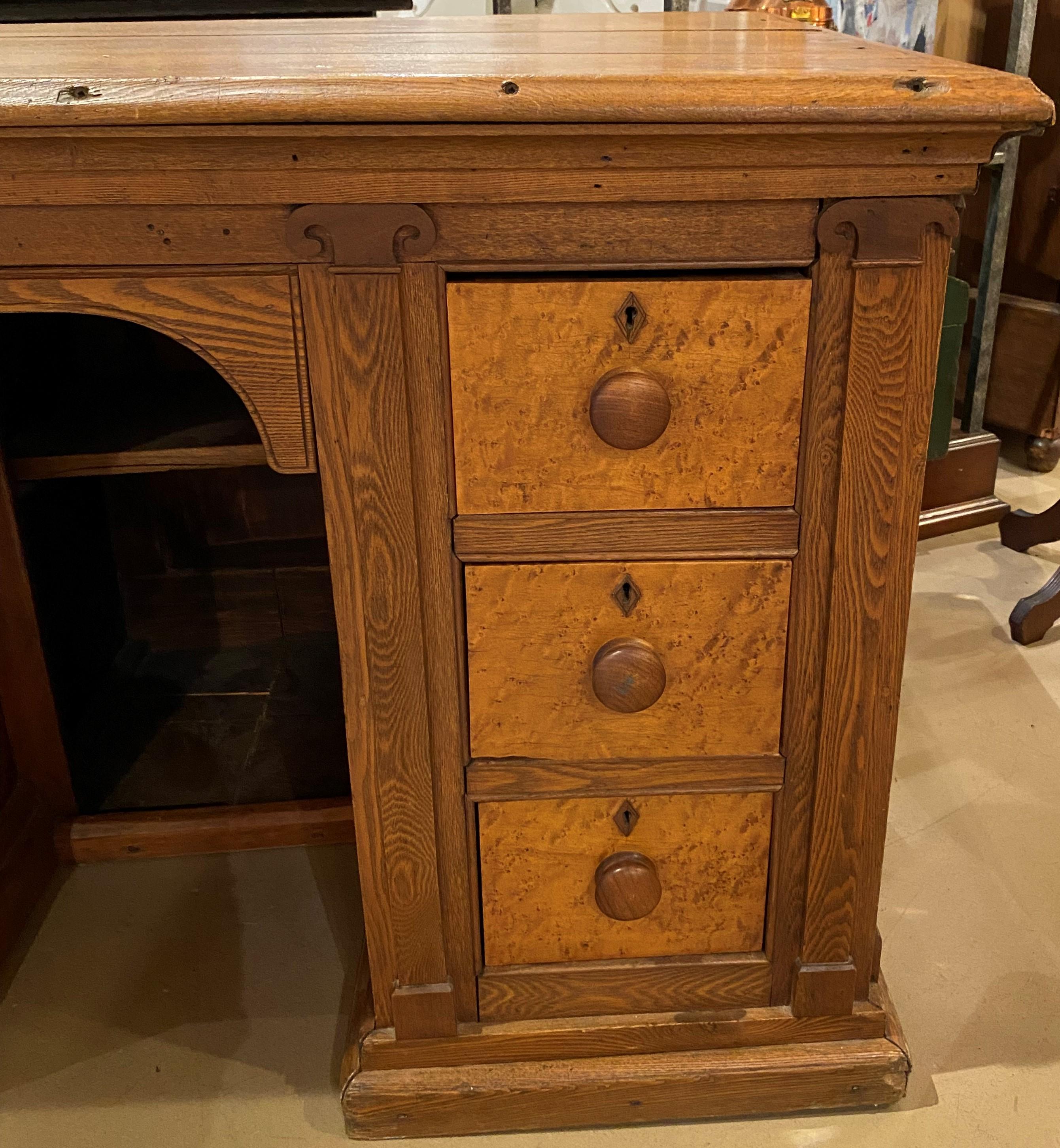 Early 20th Century Oak Store Paneled Counter or Desk w/ Birds Eye Drawer Fronts In Good Condition For Sale In Milford, NH